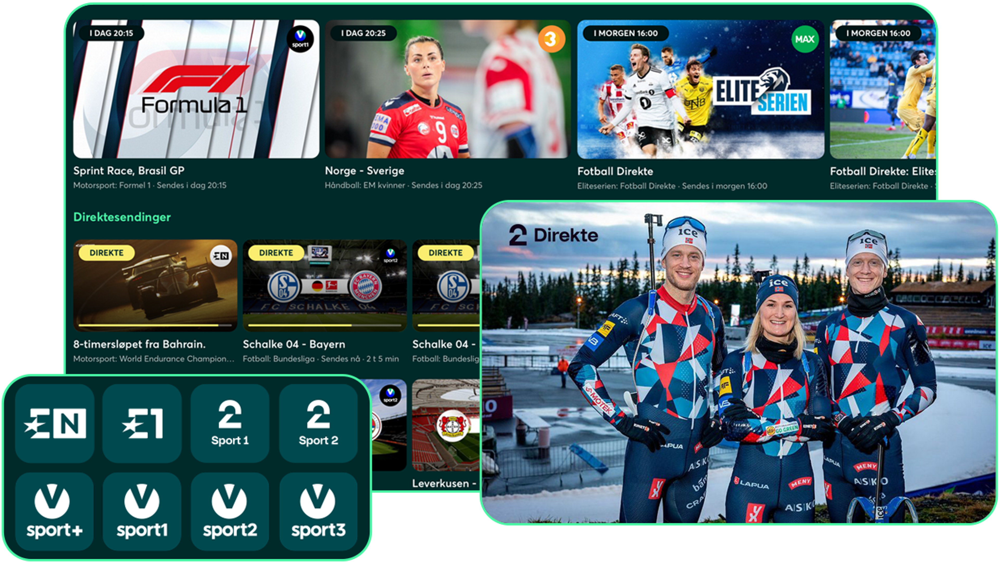 TV-skjerm, mobil og nettbrett som viser bredden av sportsinnholdet Strim-appen har.