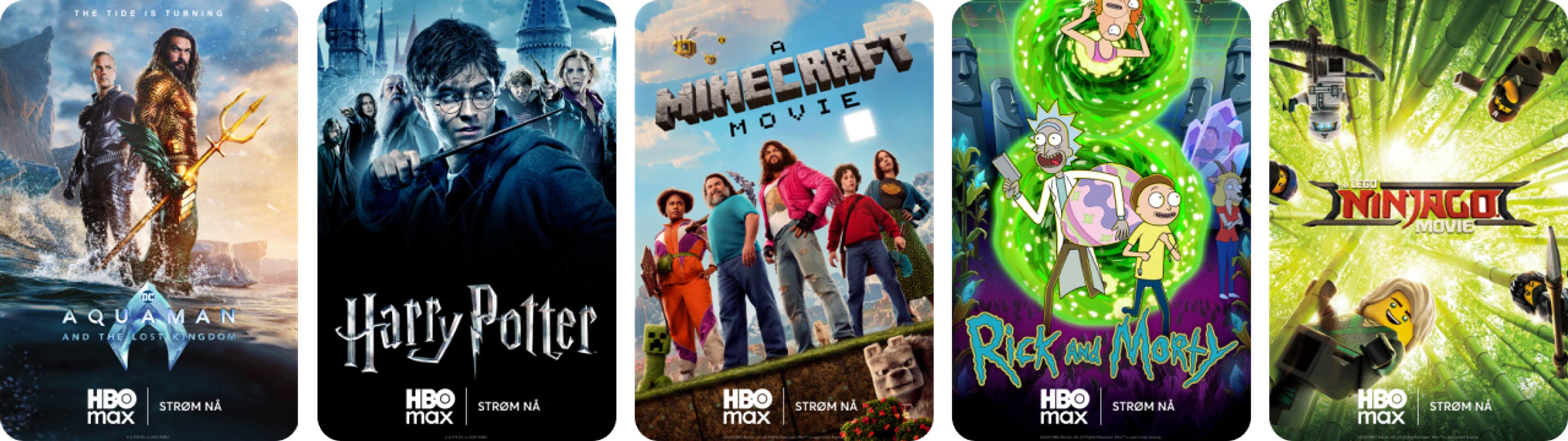 Collage av Max serier og filmer som Harry Potter, Rick and Morty, Minecraft og Aquaman.