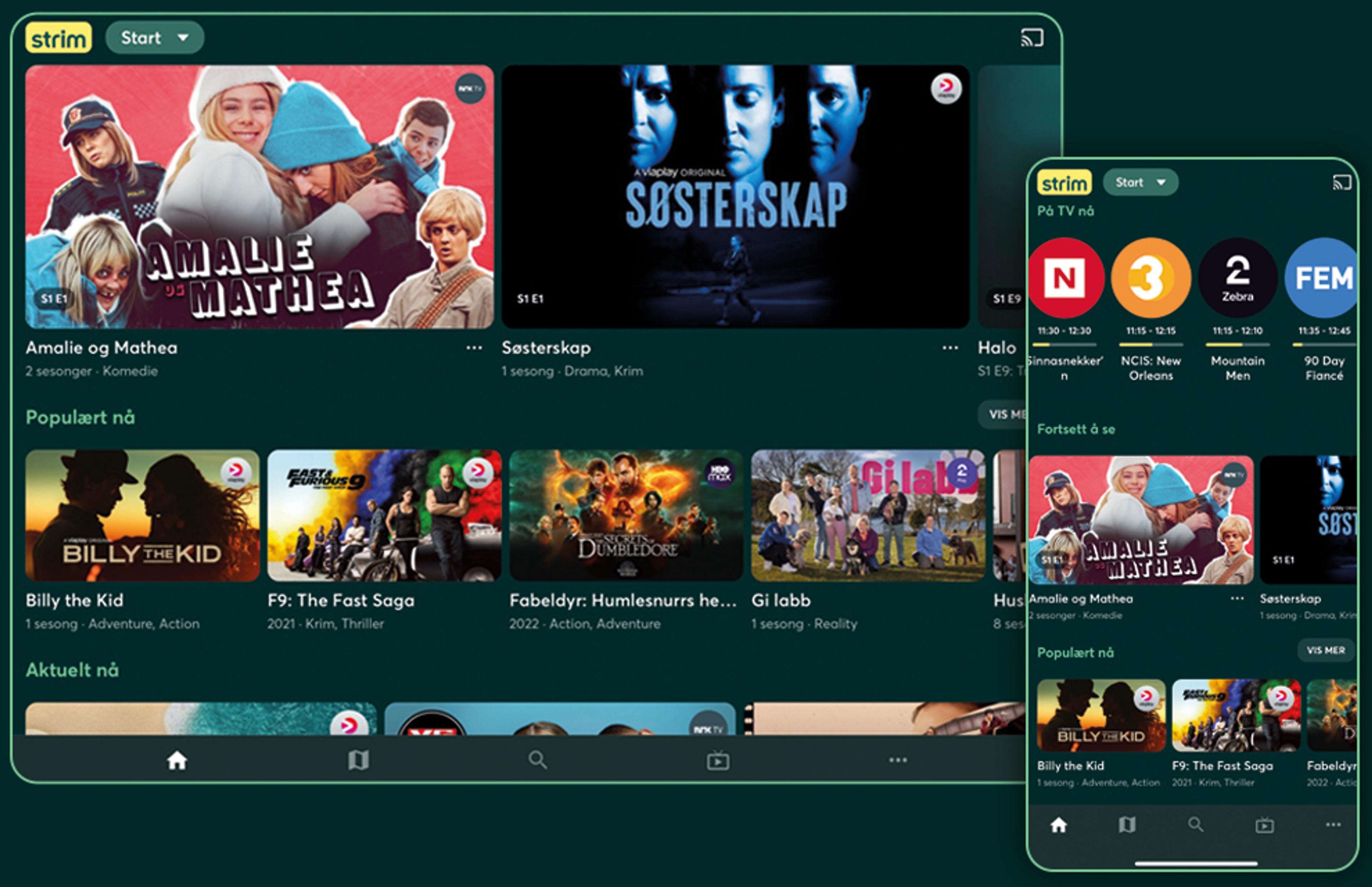 Strim innhold på illustrert nettbrett og mobiltelefon.