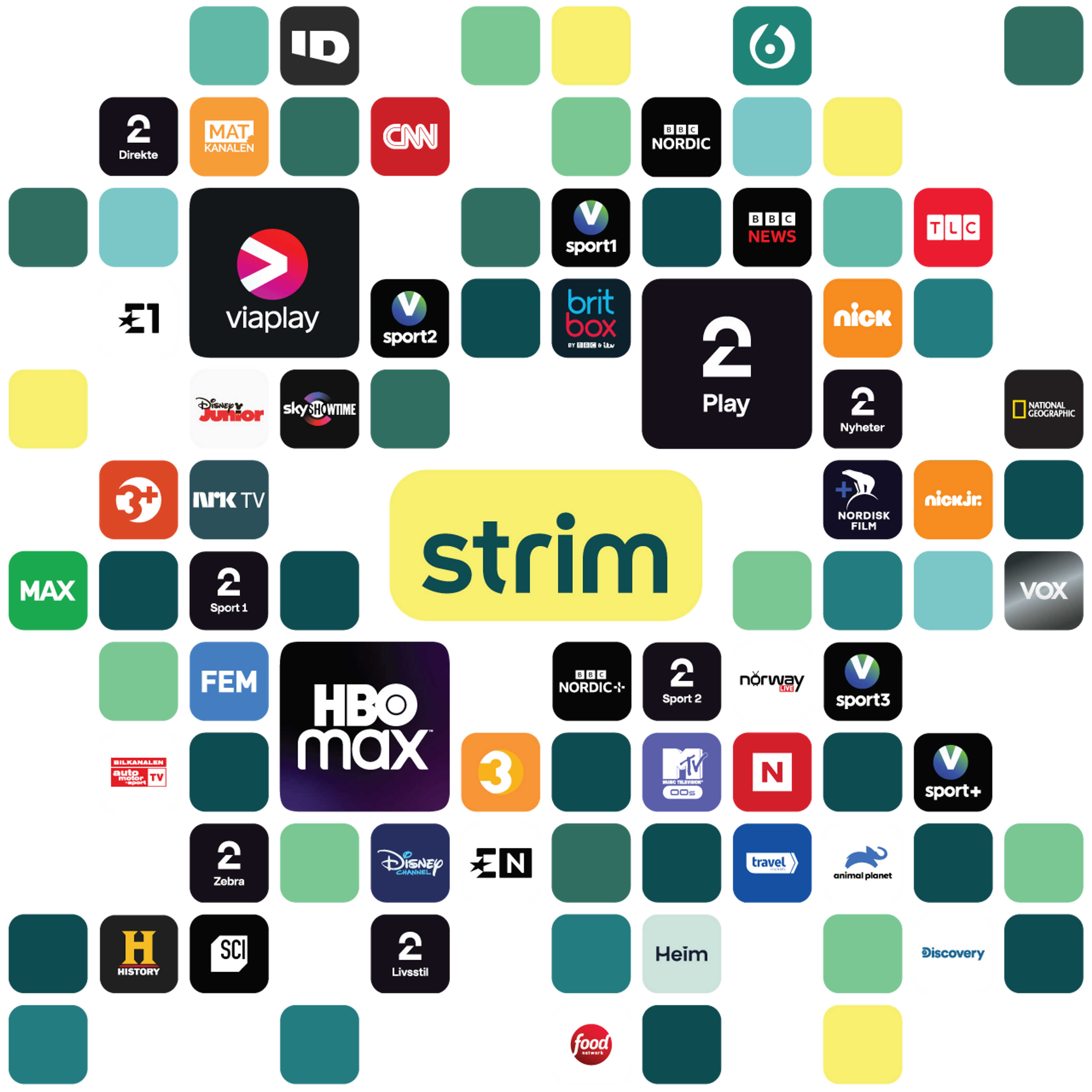 Strim logo omringet av et utvalg TV-kanaler, sportskanaler og strømmetjenester.