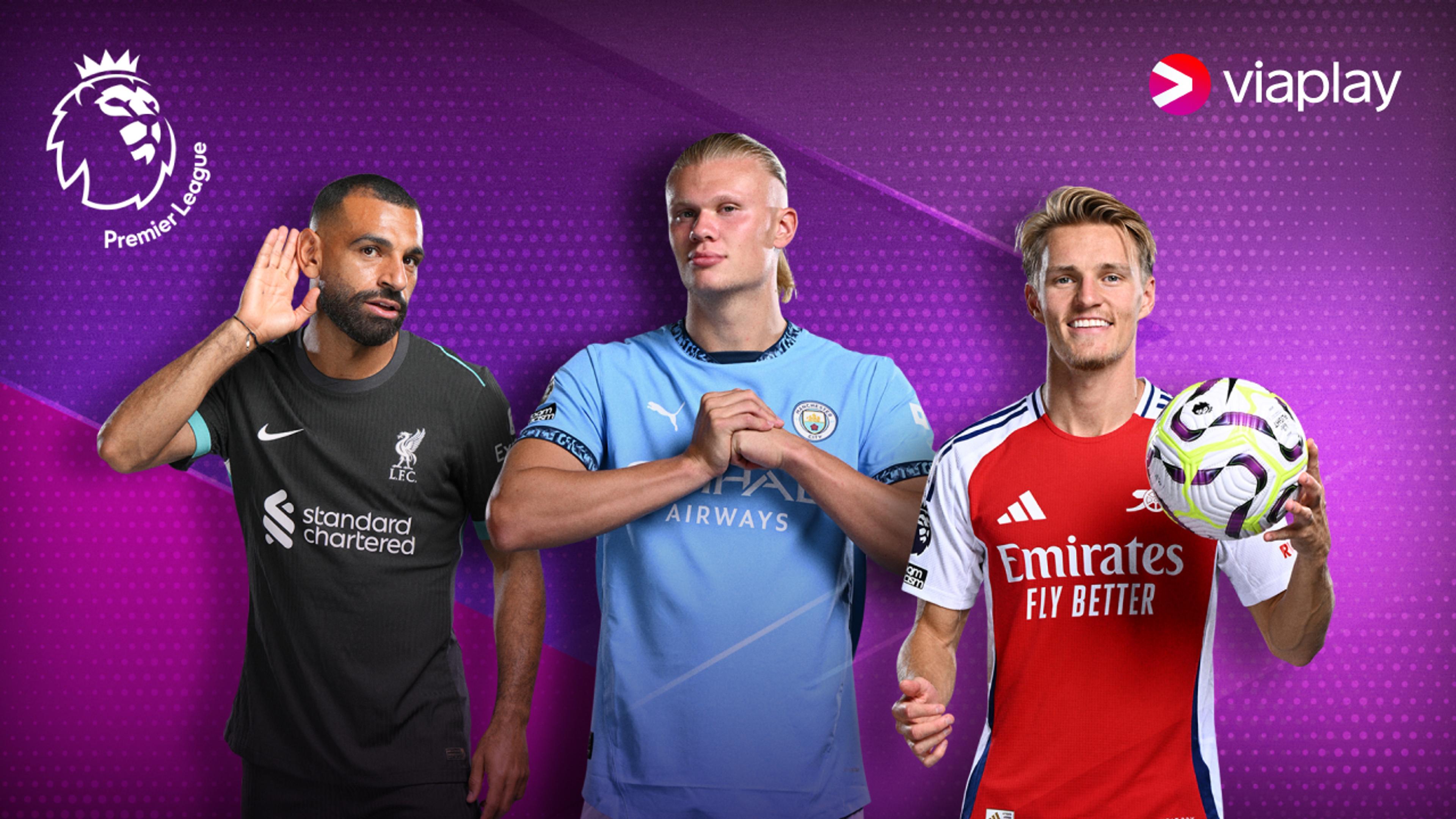 Bilde av Haaland, Ødegaard og Salah i representative lagsdrakter for Premier League 25/26-sesongen.
