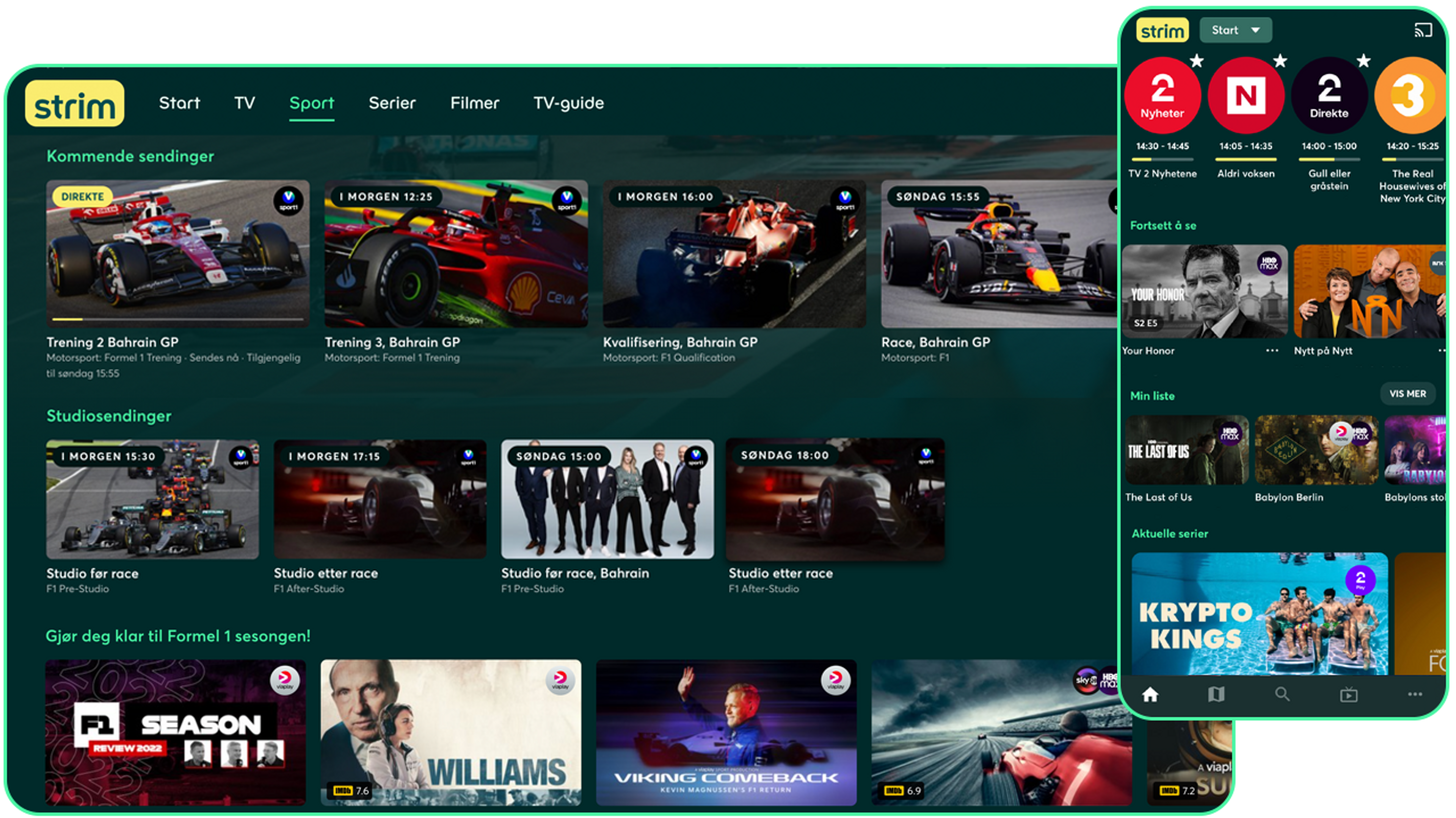 Skjermbilde av Strim-appen. Nettbrett med Formel 1-innhold og generell underholdning på mobilskjermen.