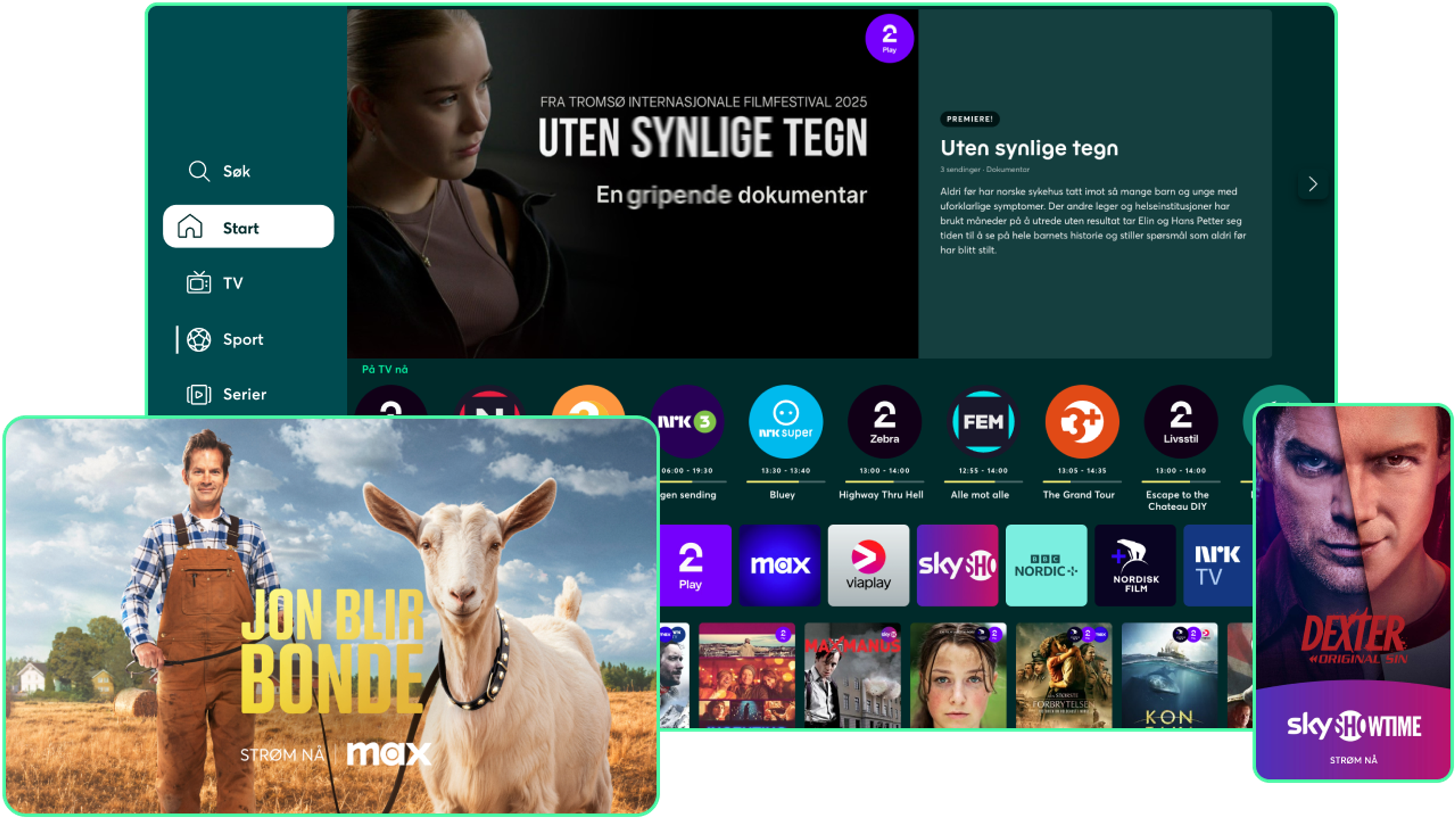 Illustrasjon av tre ulike skjermer med innhold fra Strim-appen på.