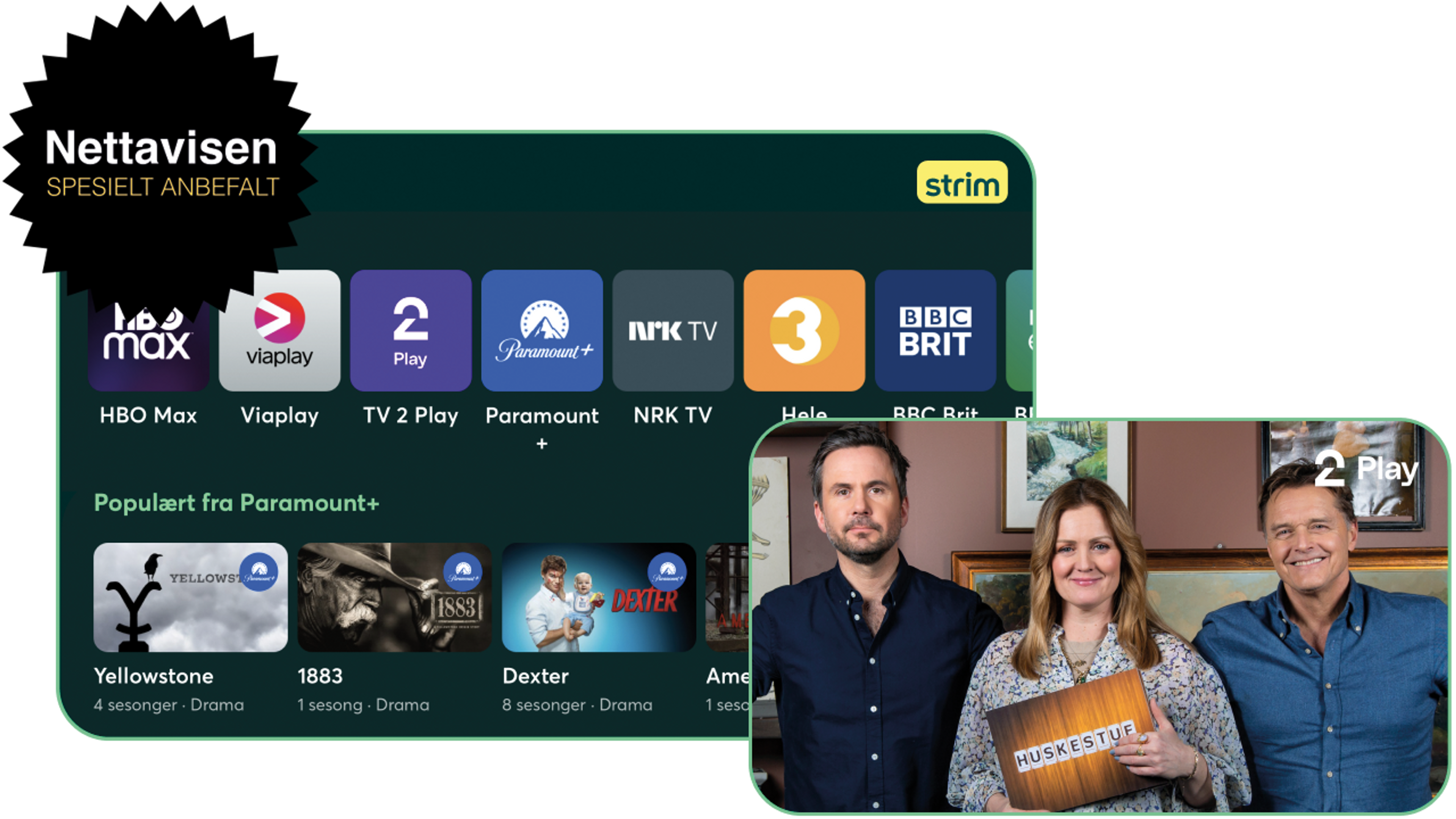 Nettavisen kårer Strim best i test. Bilde av tjenesten Strim samt seriebilde fra Huskestue.