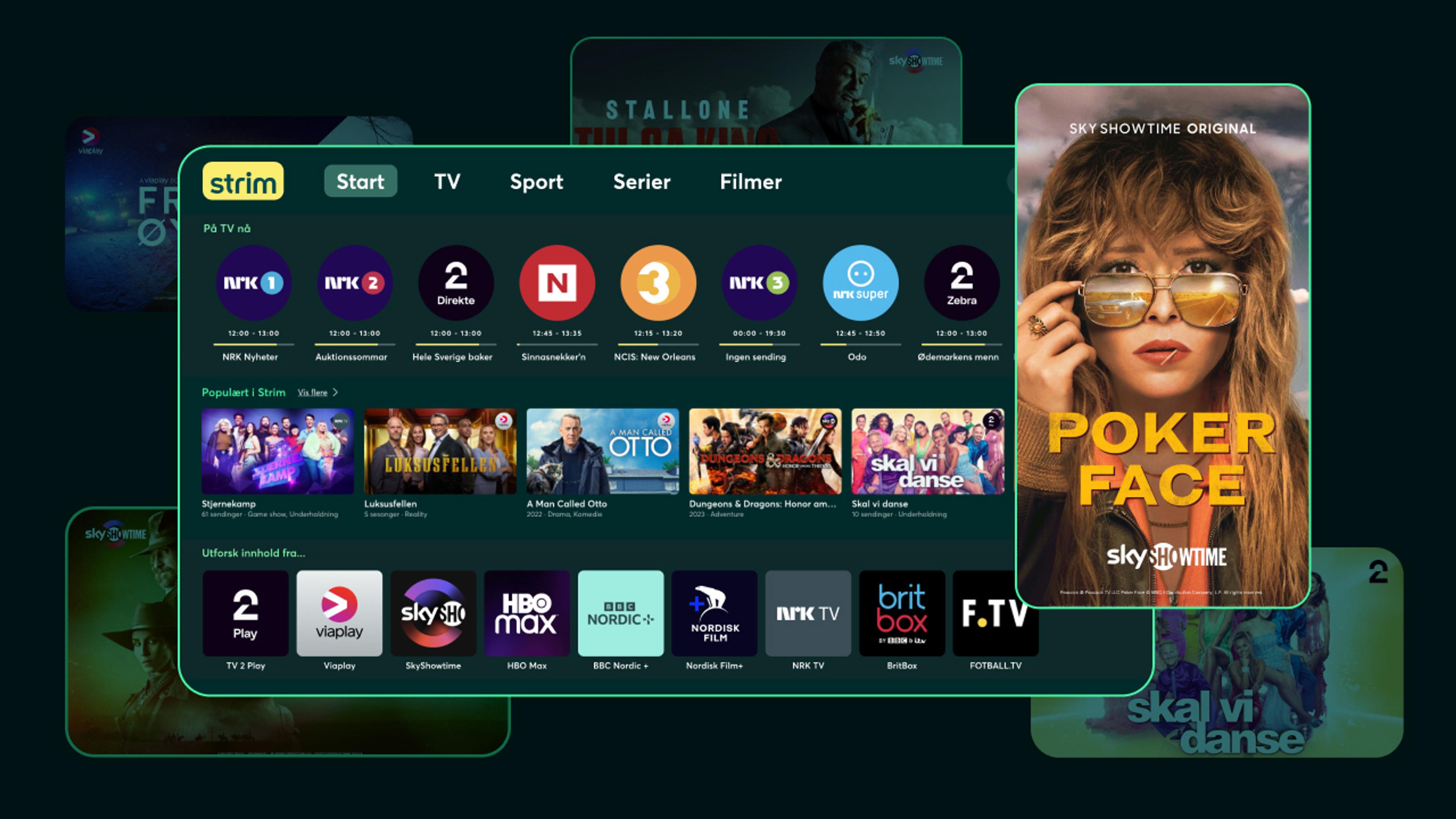 Skjermbilde av Strim app for Tablet og forsidebilde for serien Poker Face på SkyShowtime.