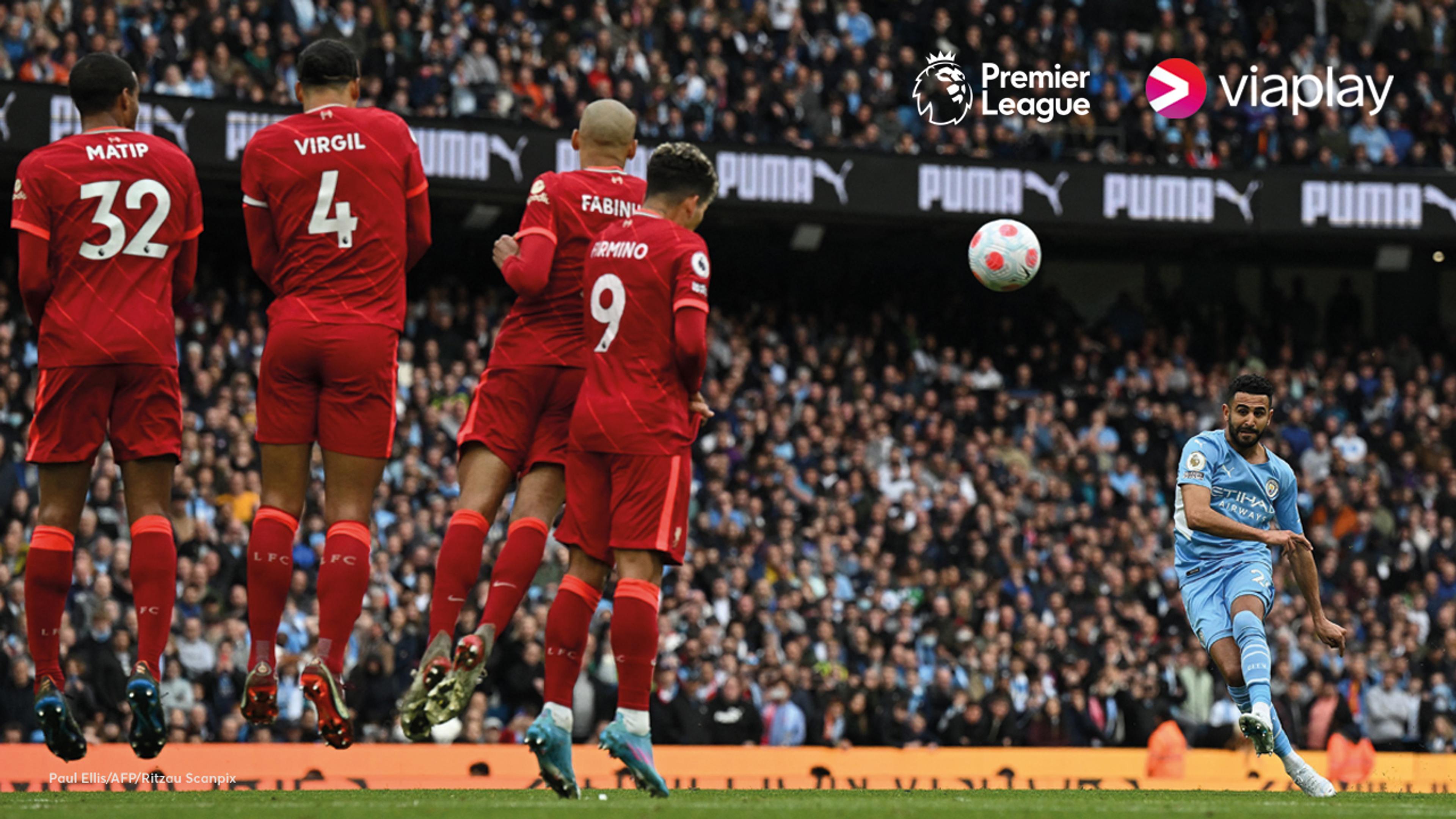 Bilde av 5 spillere i en Premier League kamp mellom Man. City og Liverpool. Foto: Paul Ellis/AFP/Ritzau Scanpix