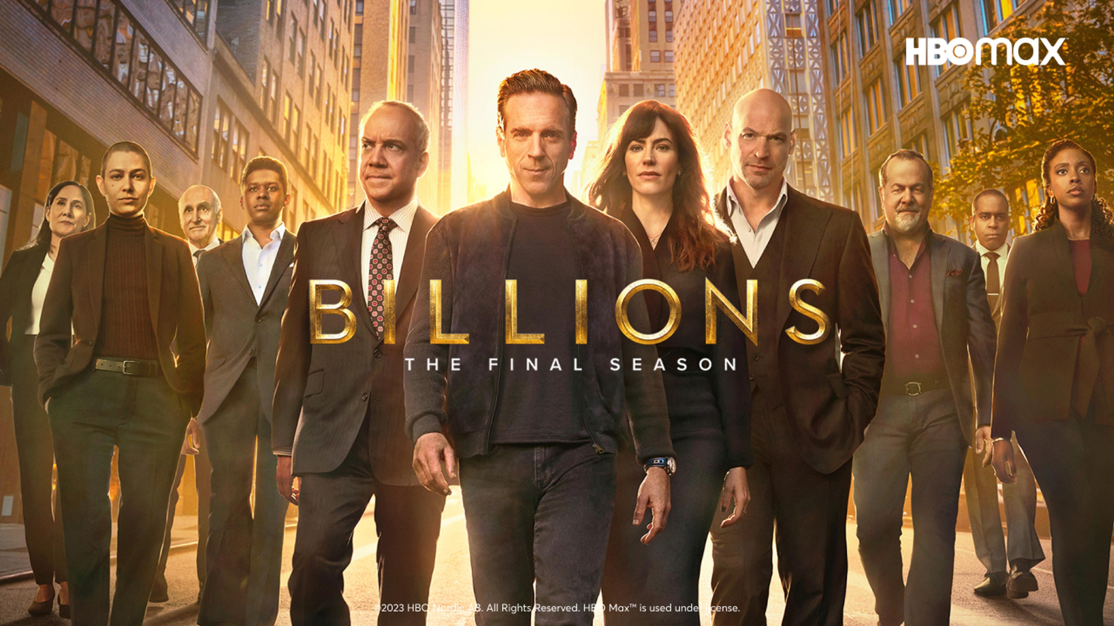 Skuespillerne i Billions på den offisielle posteren for den syvende sesongen av dramaserien Billions 