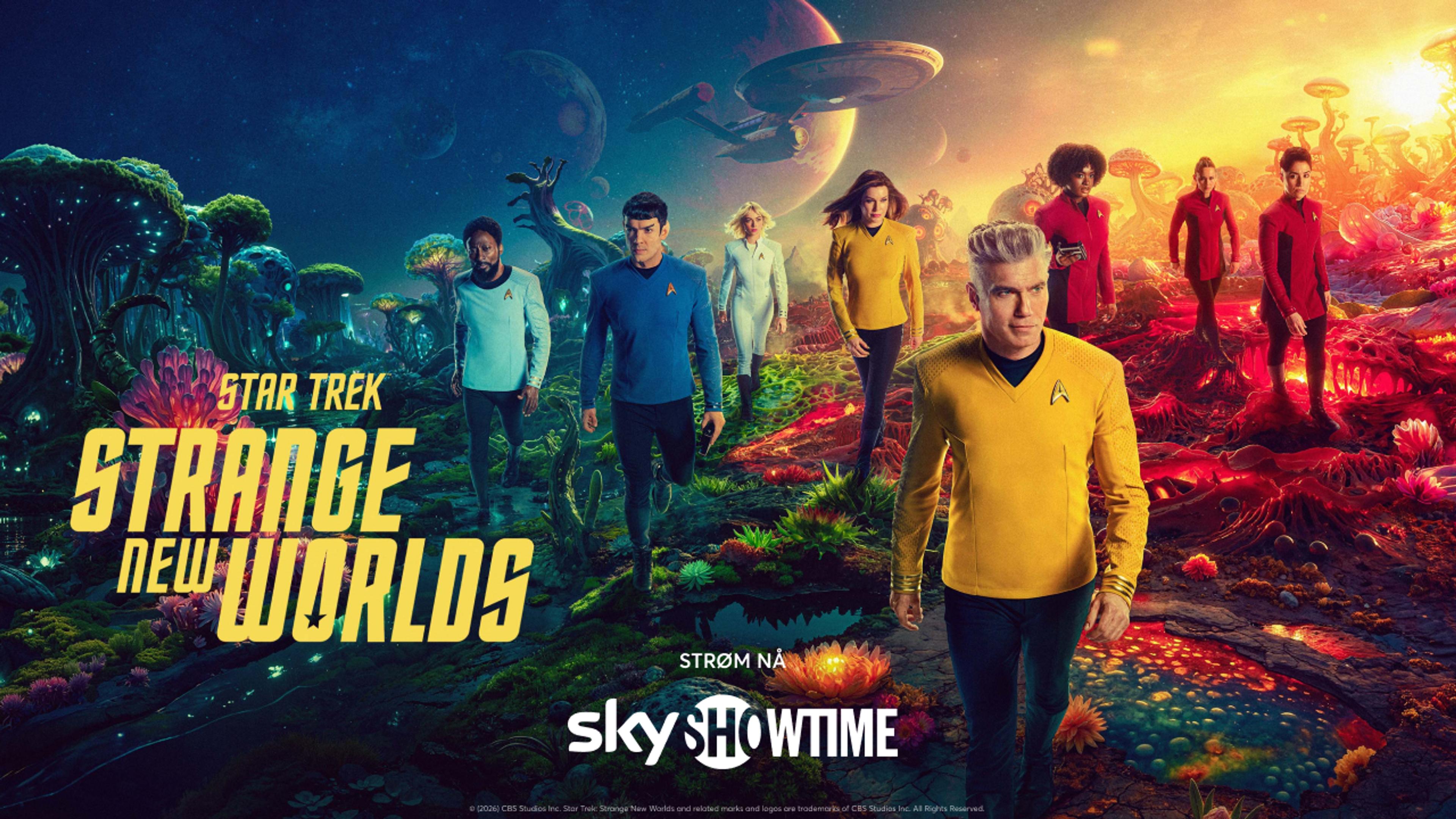 Grafikk for serien Star Trek Strenge New Worlds som du ser på SkyShowtime med Strim.