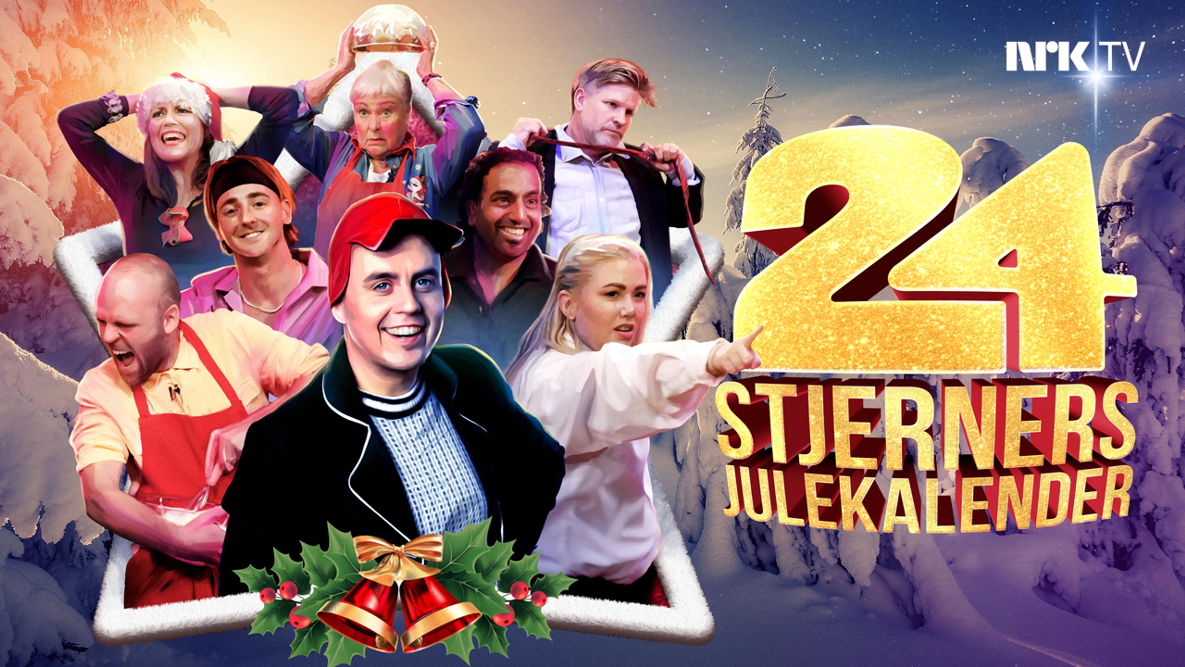 Deltakerne i 24-stjerners julekalender i en pepperkakeform oppå et snødekket landskap.