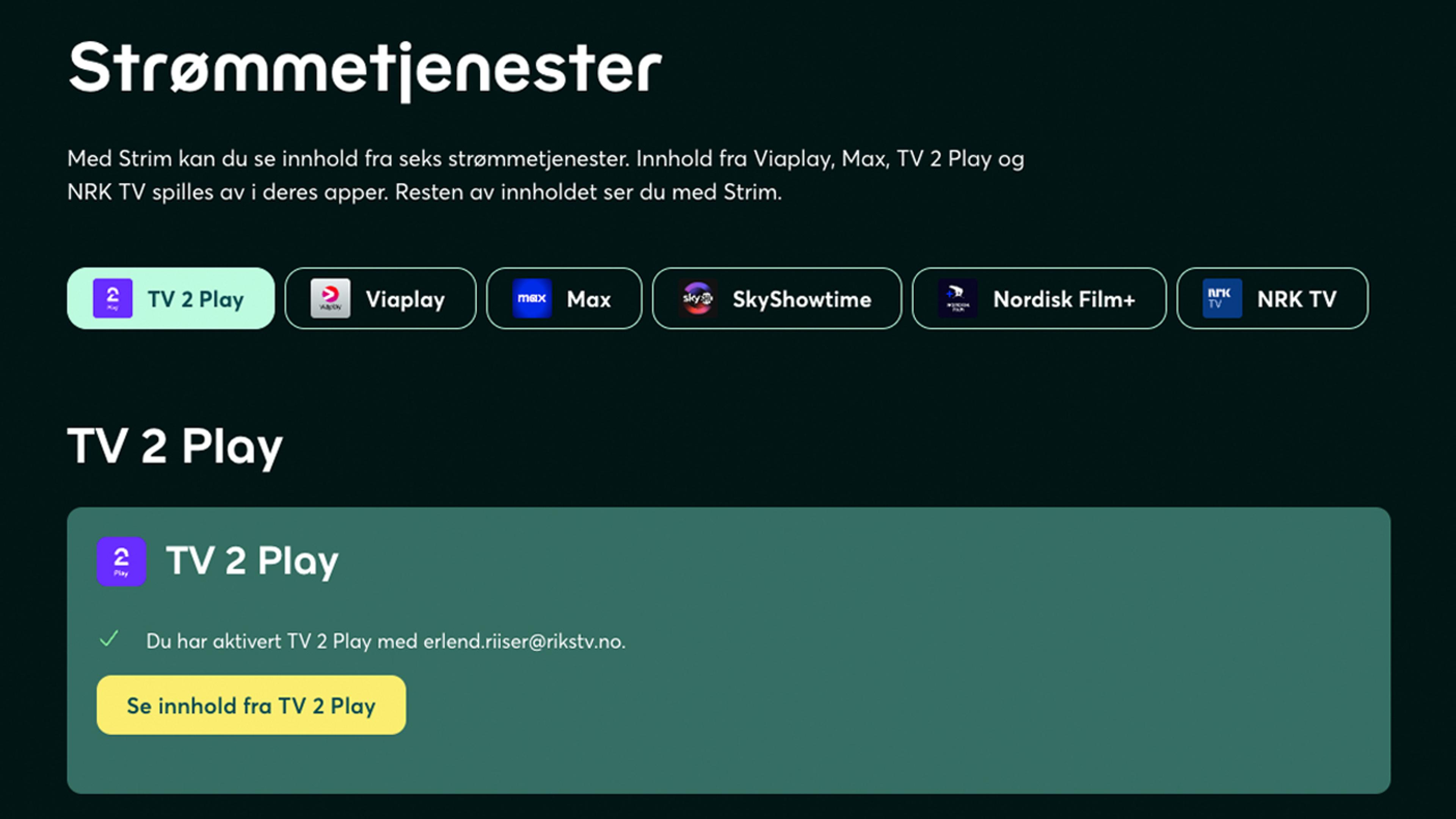 Skjermbilde av Min konto på Strim med oversikt over alle strømmetjenestene.