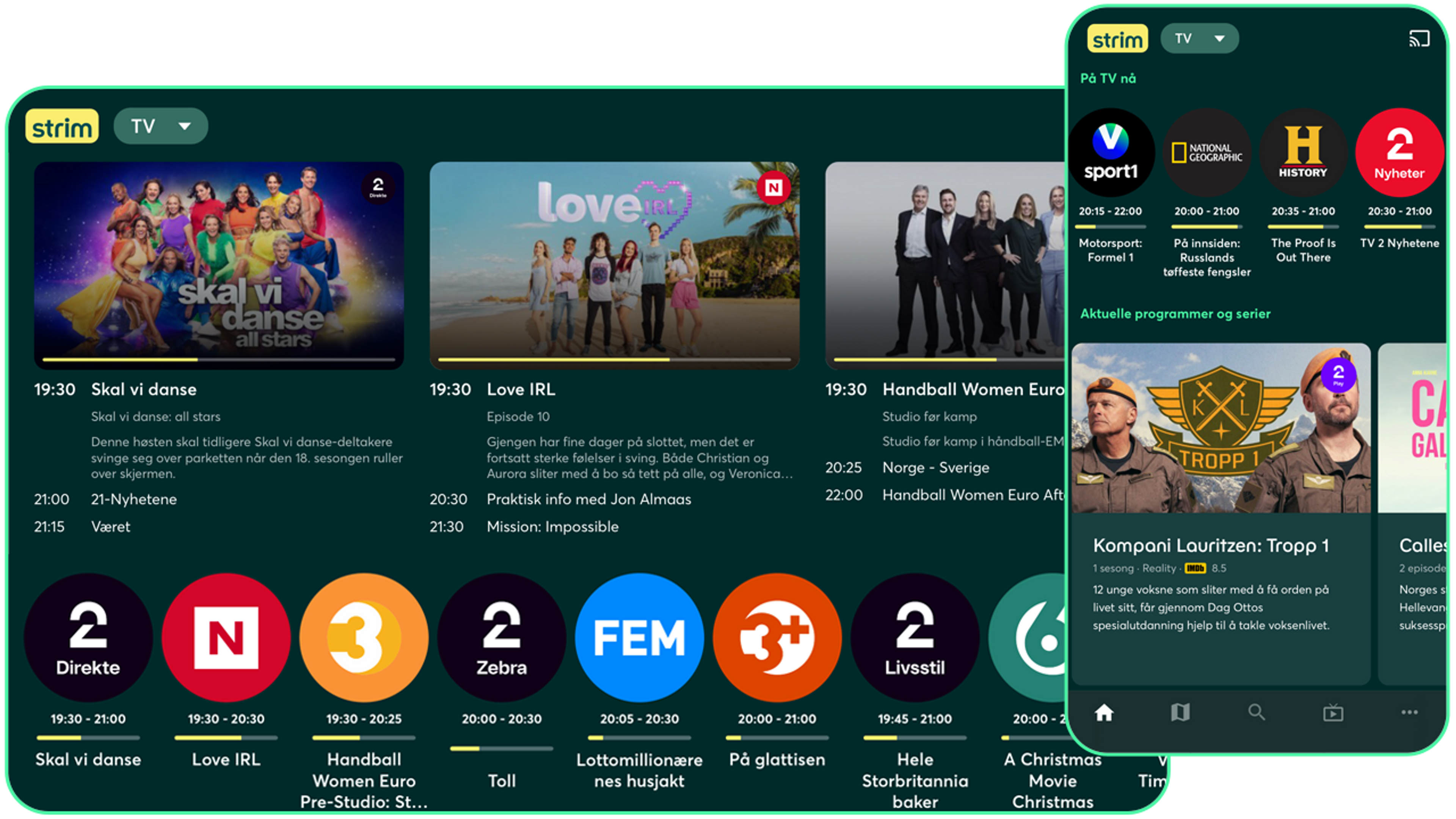 Nettbrett og mobil som viser ulike TV-kanaler og innhold i Strim-appen.
