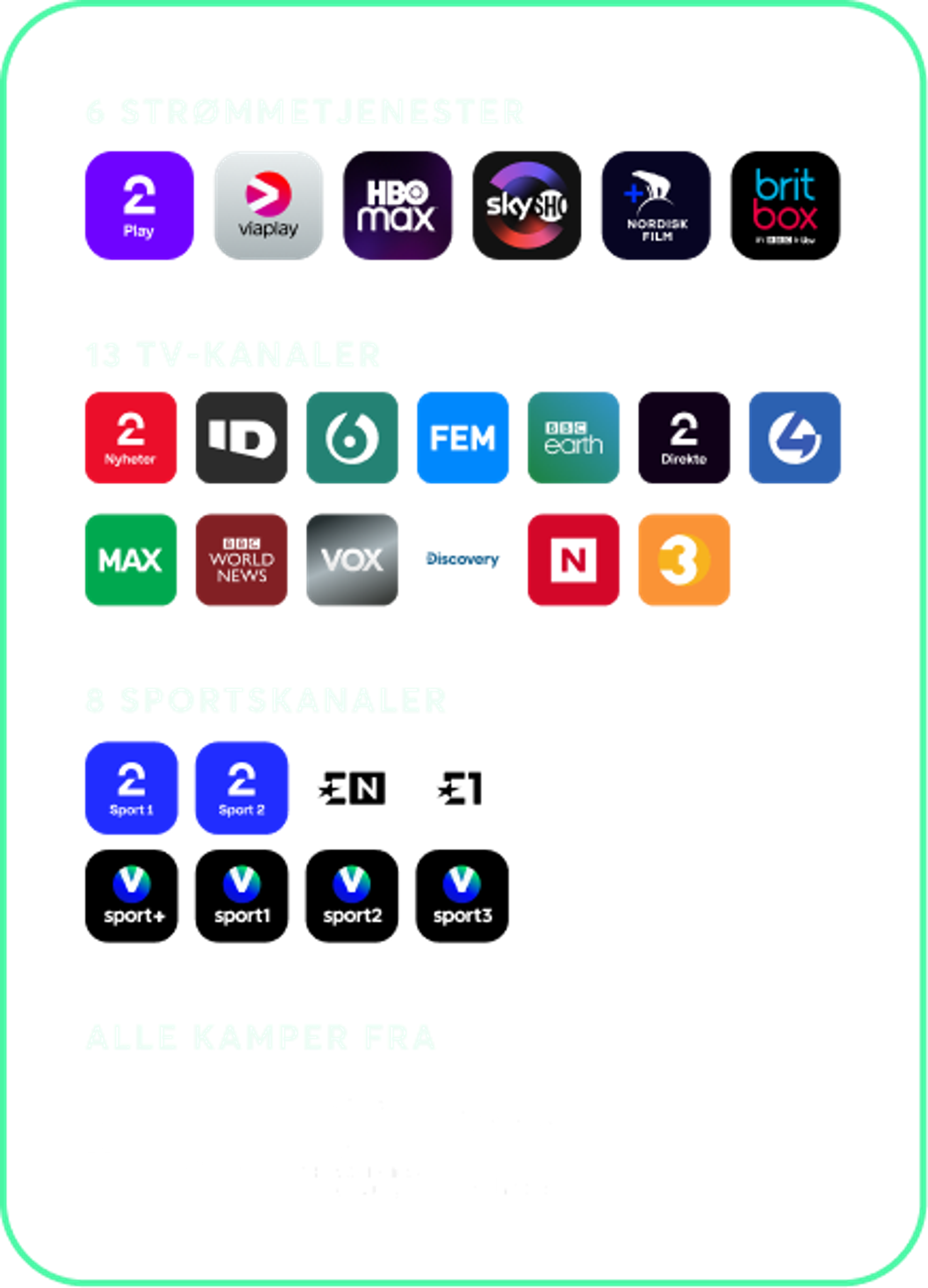 Illustrasjon med logoer for 6 strømmetjenester, 13 TV-kanaler, 8 sportskanaler, Eliteserien, UEFA Champions League og LaLiga.