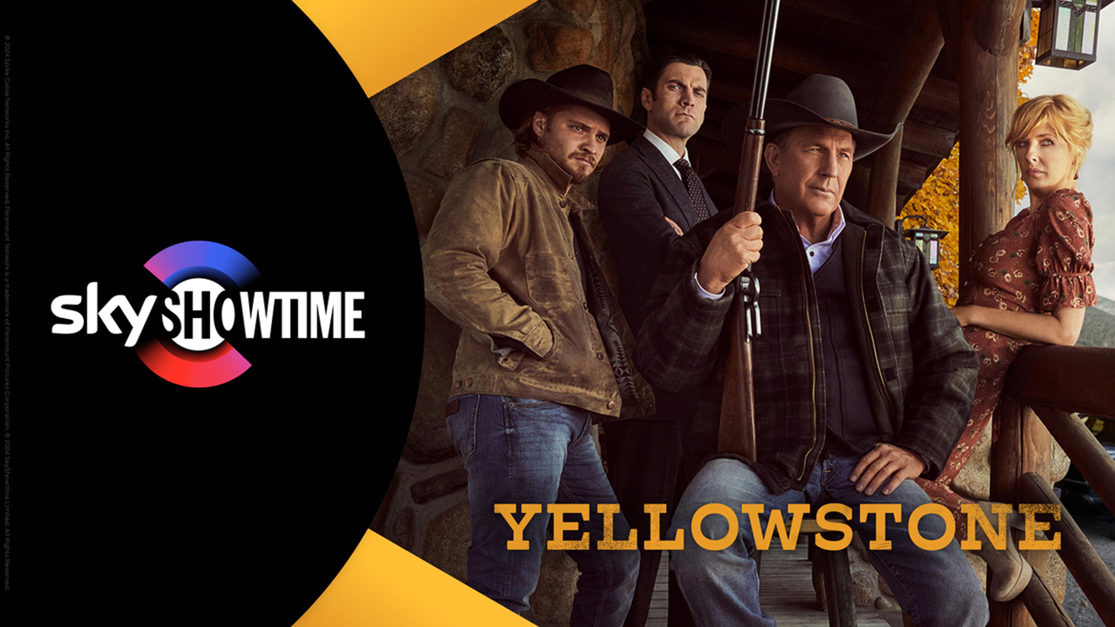 Familien Dutton fra SkyShowtime-serien Yellowstone på verandaen.