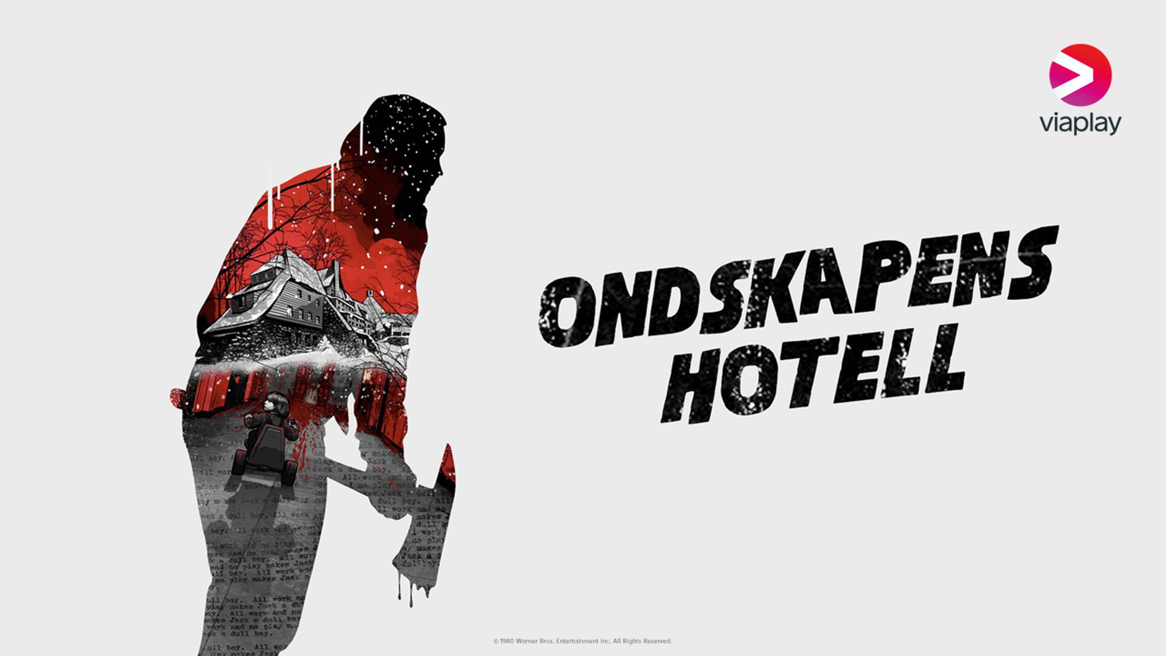 En siluett av en mann med bloddryppende øks på hvit bakgrunn. Vi ser et hotell og et barn på trehjulsykkel inne i siluetten.