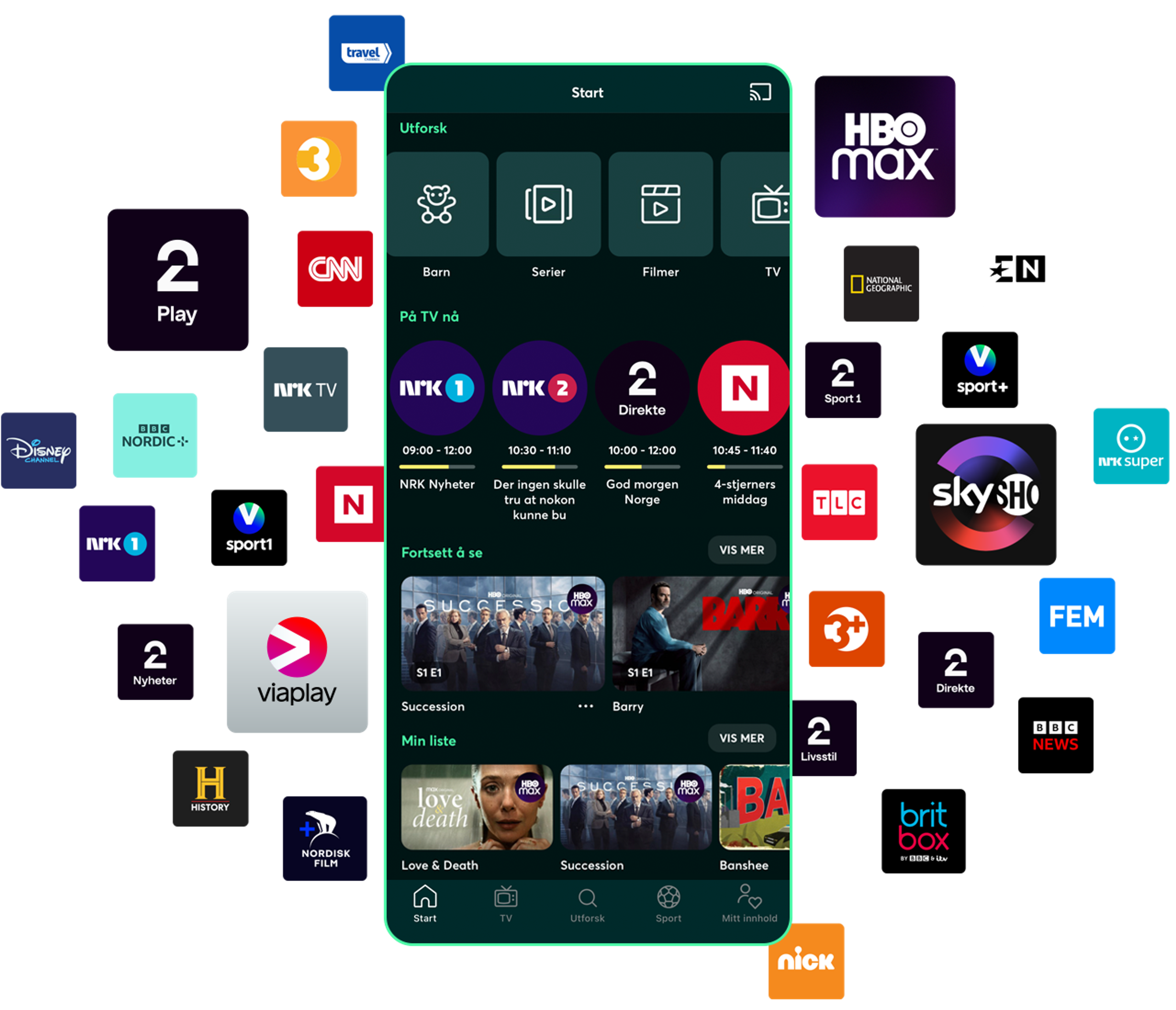 Mobiltelefon med Strim-appen installert og mange logoer for strømmetjenester og TV-kanaler som svever rundt den.