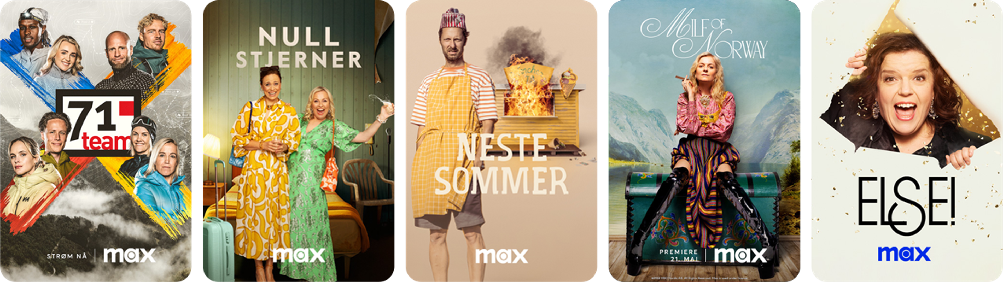 Fem titler fra Max-appen, 71 grader nord, alle mot alle, milf of norway, else og null stjerner.