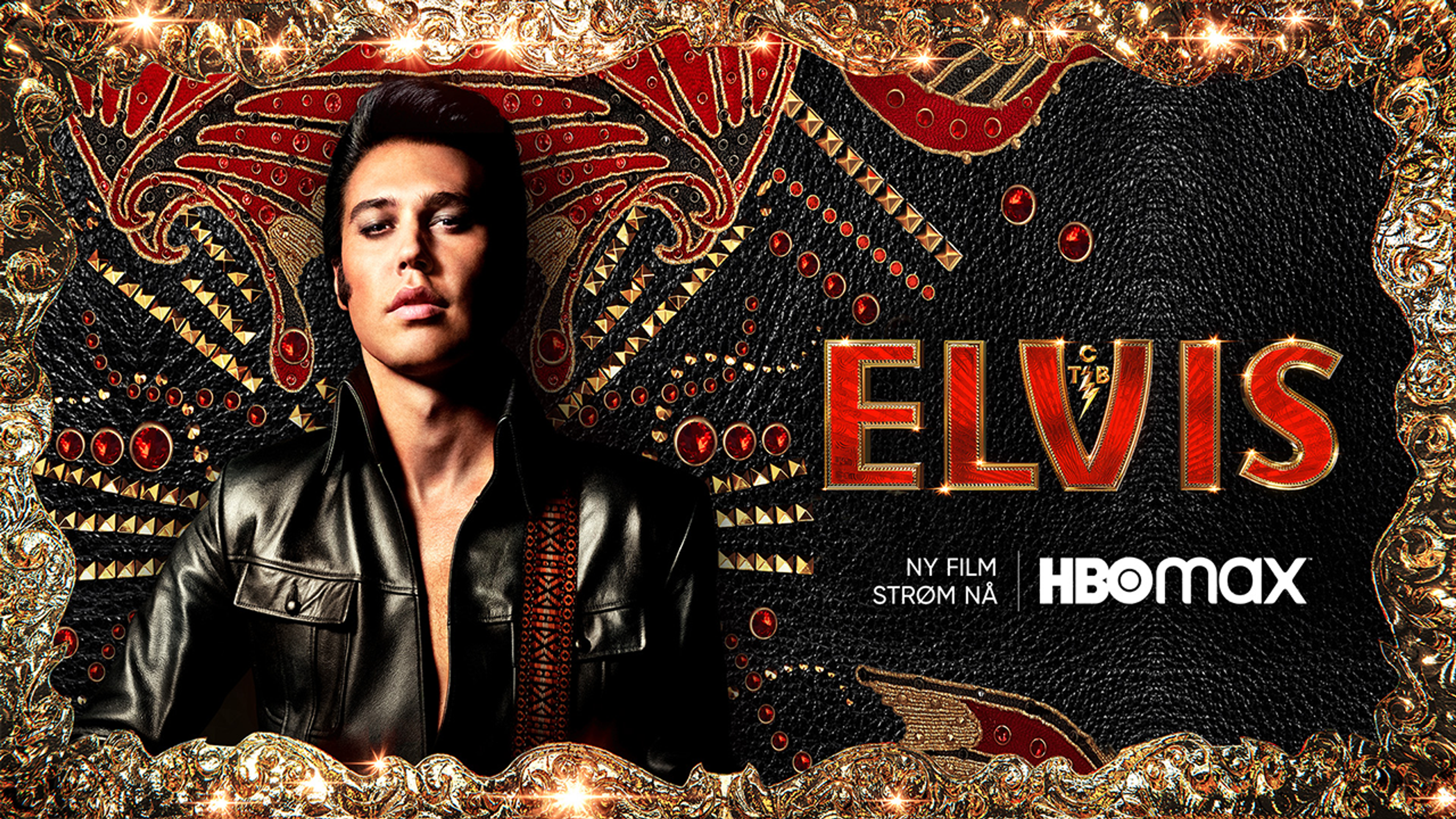 En ung Elvis i sort skinnjakke ser rett mot oss med mønstret bakgrunn.