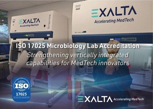 A lab technician works at an EXALTA biosafety cabinet with text announcing EXALTA's ISO 17025 Microbiology Lab Accreditation to strengthen capabilities for MedTech innovators.
