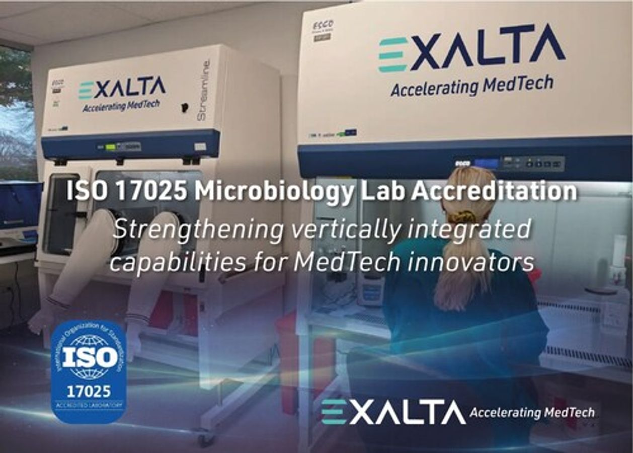 A lab technician works at an EXALTA biosafety cabinet with text announcing EXALTA's ISO 17025 Microbiology Lab Accreditation to strengthen capabilities for MedTech innovators.