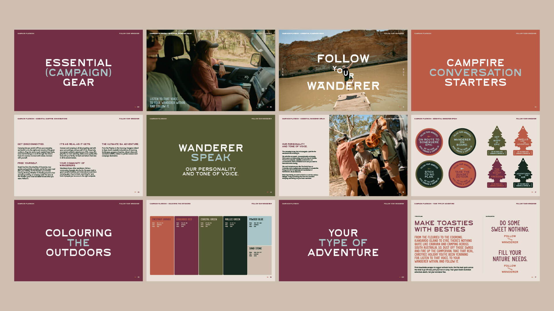 Caravan and Camping brand identity and campaign moodboard featuring photography, typography and colour palette.