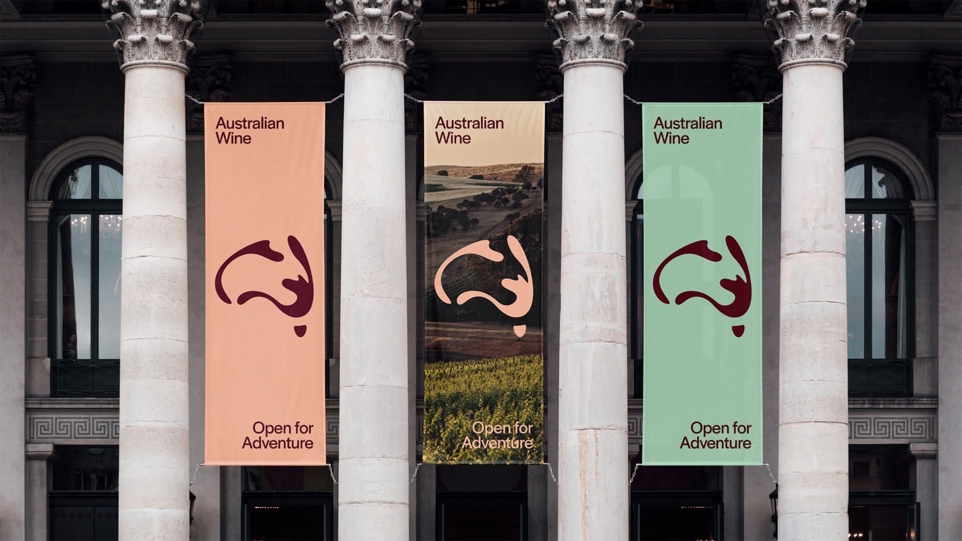 Banners displayed amongst stone columns