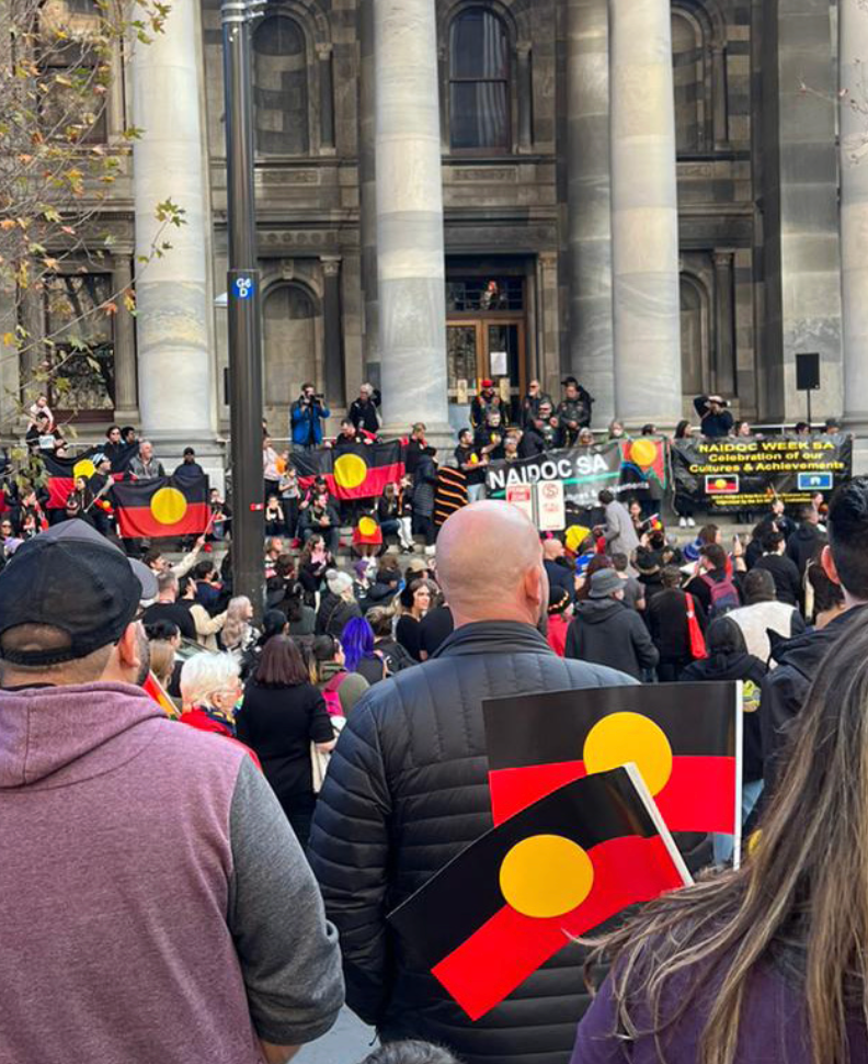 people marching at Naidoc week in front of parliament house