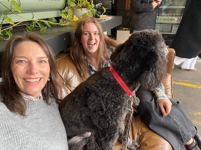 Olivia, Rachael and Rosie the dog at Loxley cafe