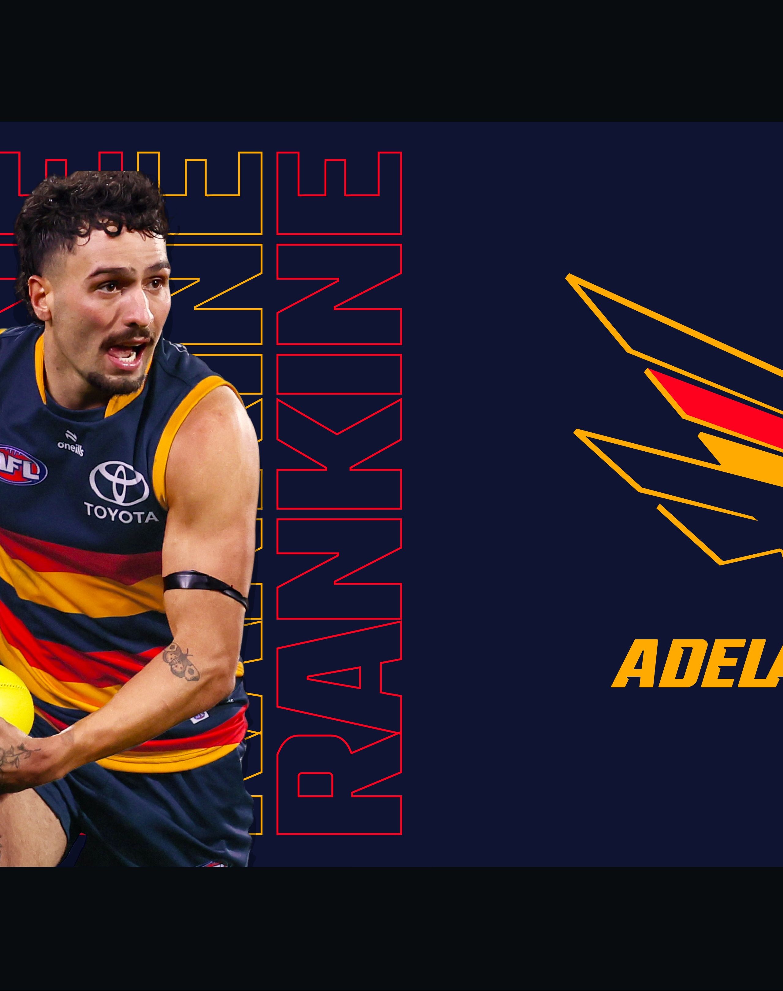 Promotional banner featuring Brad Rankine and the Adelaide Crows 2024 brand elements