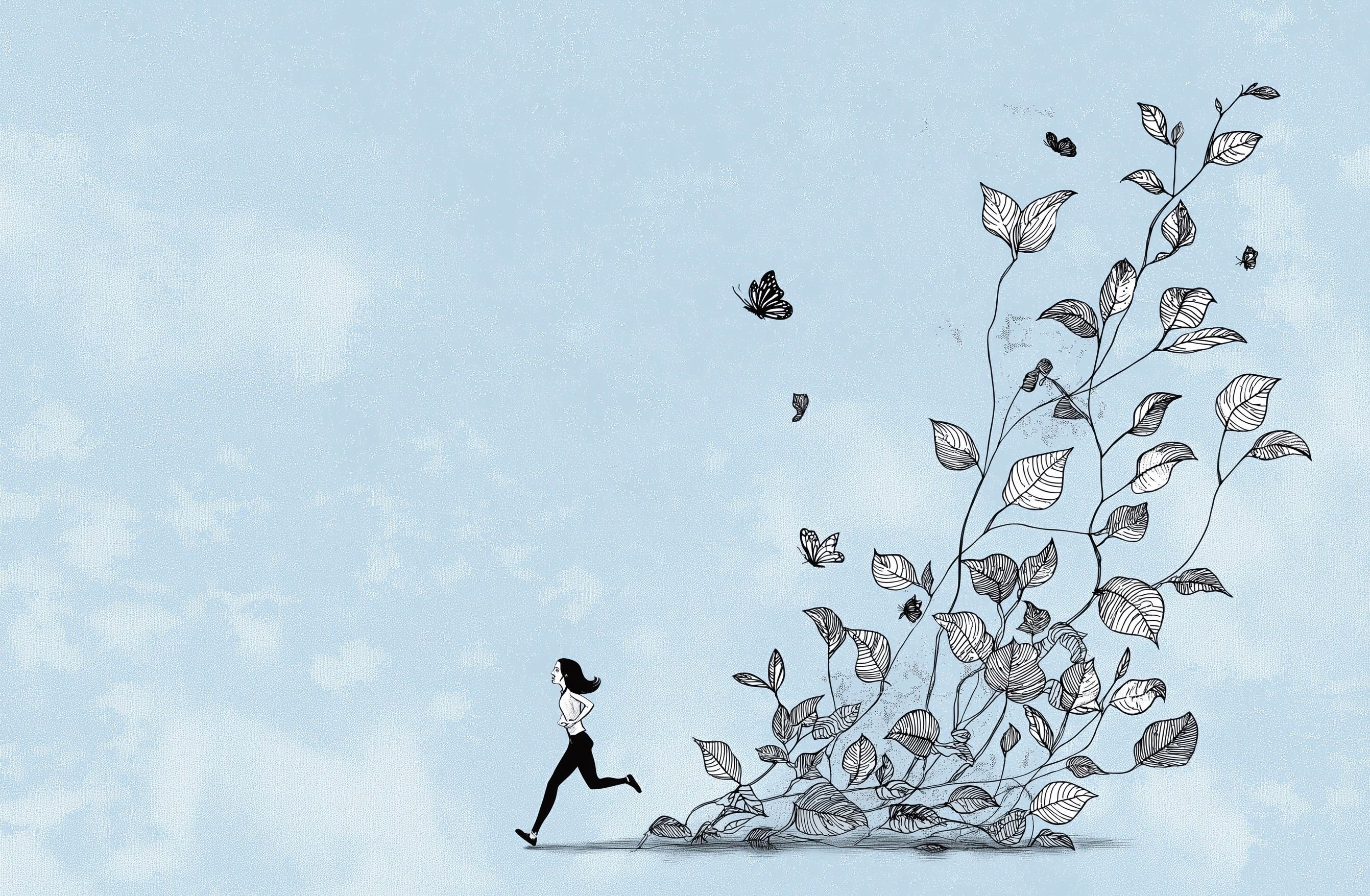 illustration of person running with leaves growing behind them