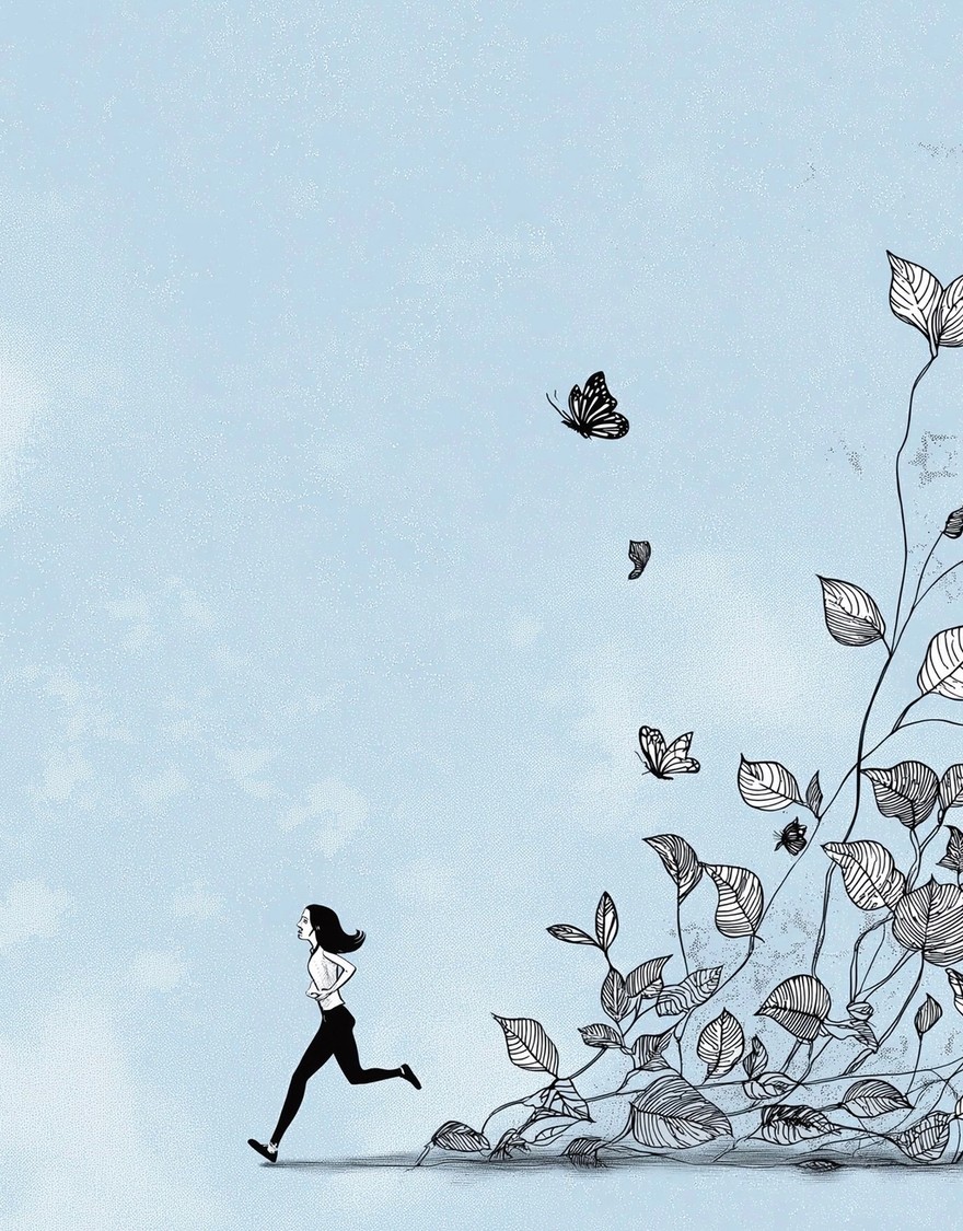 illustration of person running with leaves growing behind them