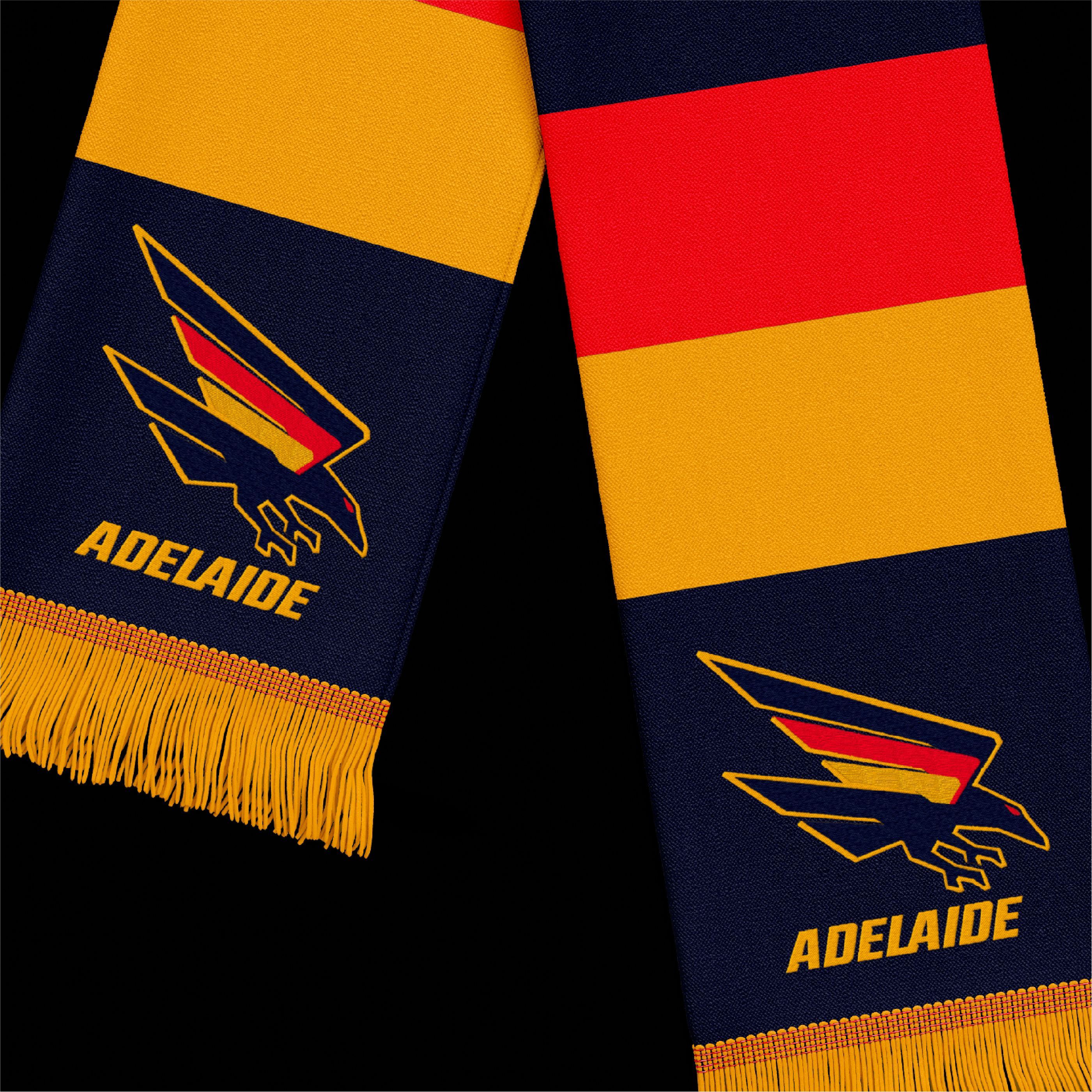 The Adelaide Crows logo printed on a scarf featuring the new colours