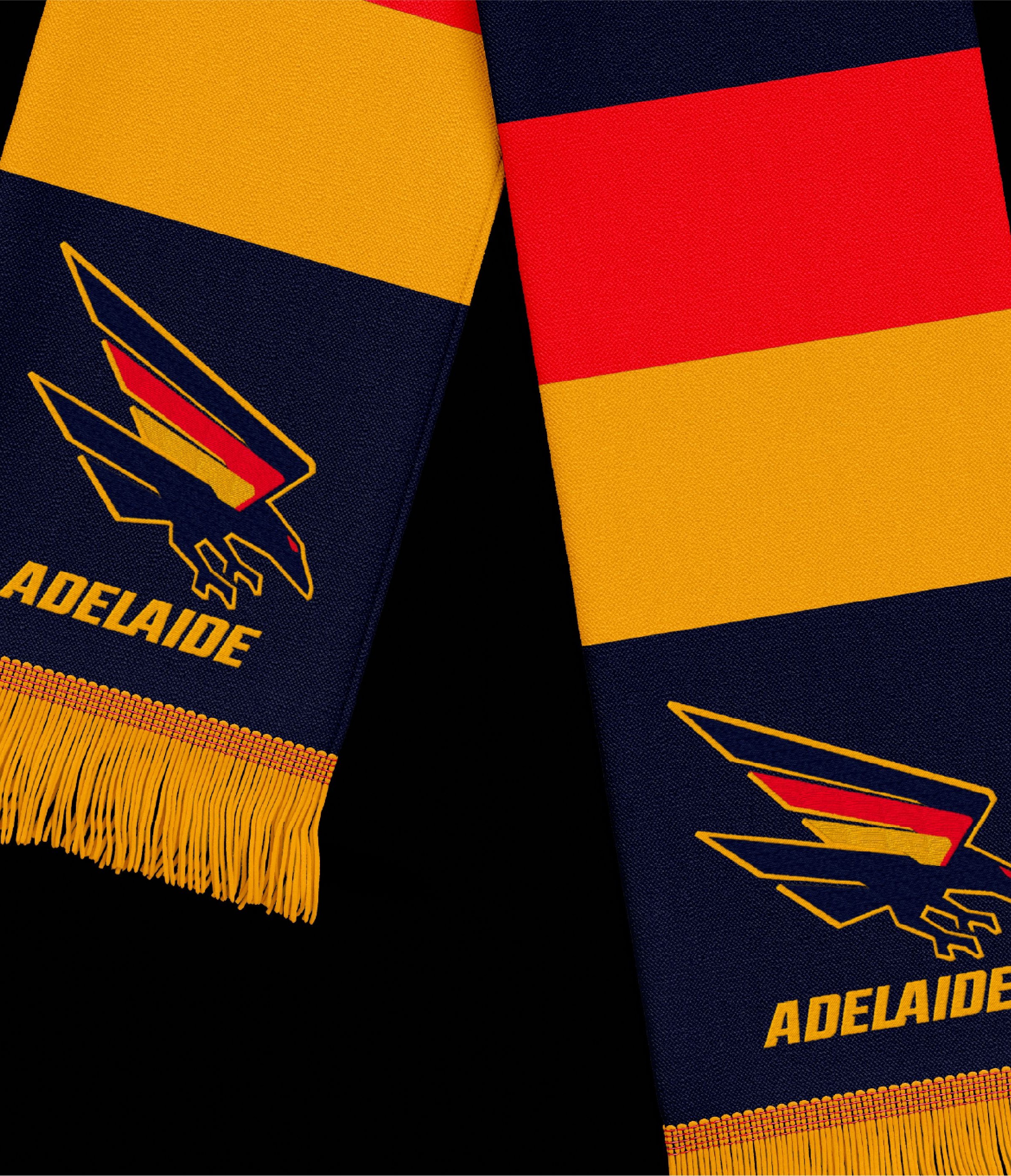 The Adelaide Crows logo printed on a scarf featuring the new colours