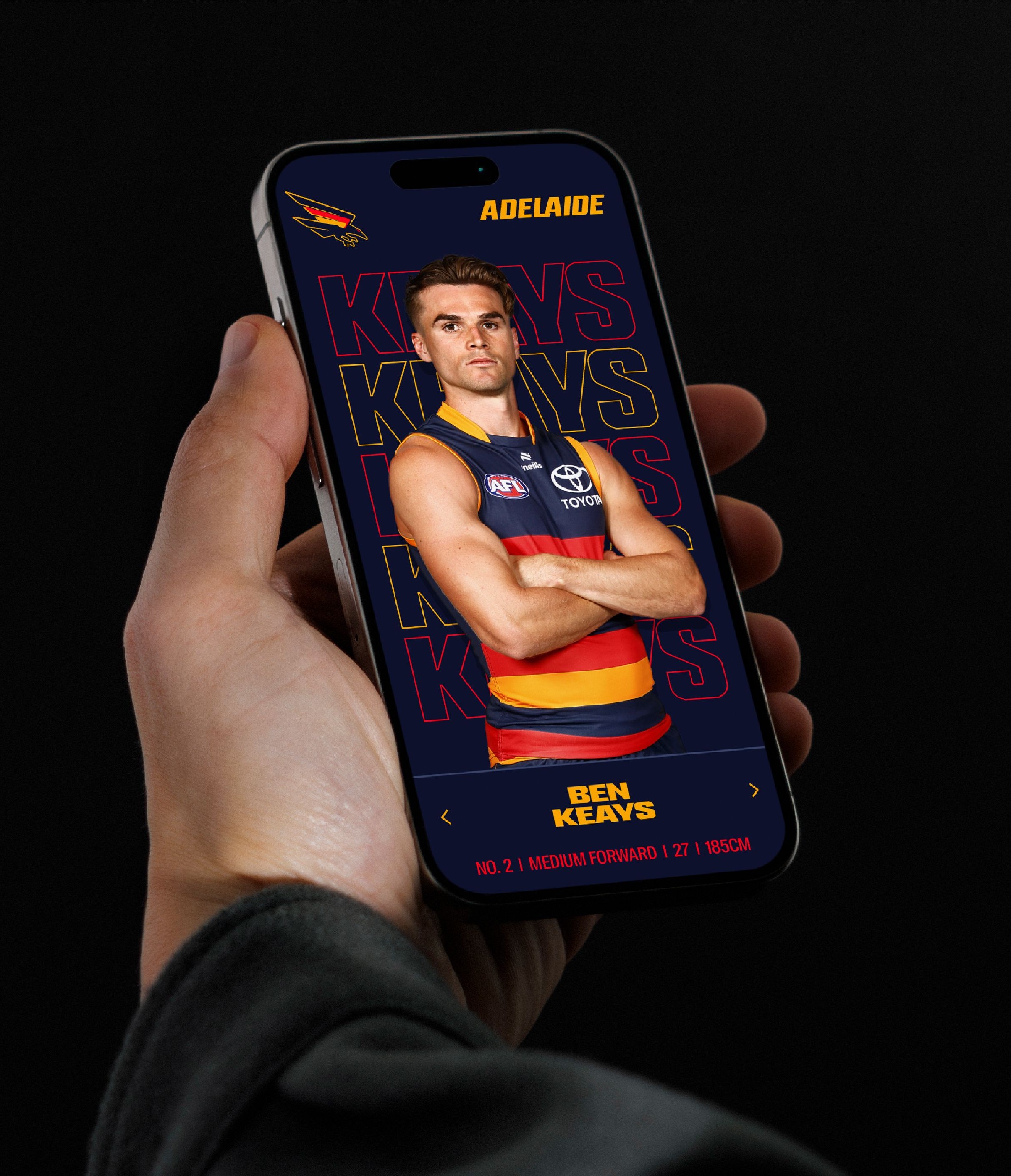 Player profile of Ben Keays with the Adelaide Crows 2024 branding mocked up on a mobile device