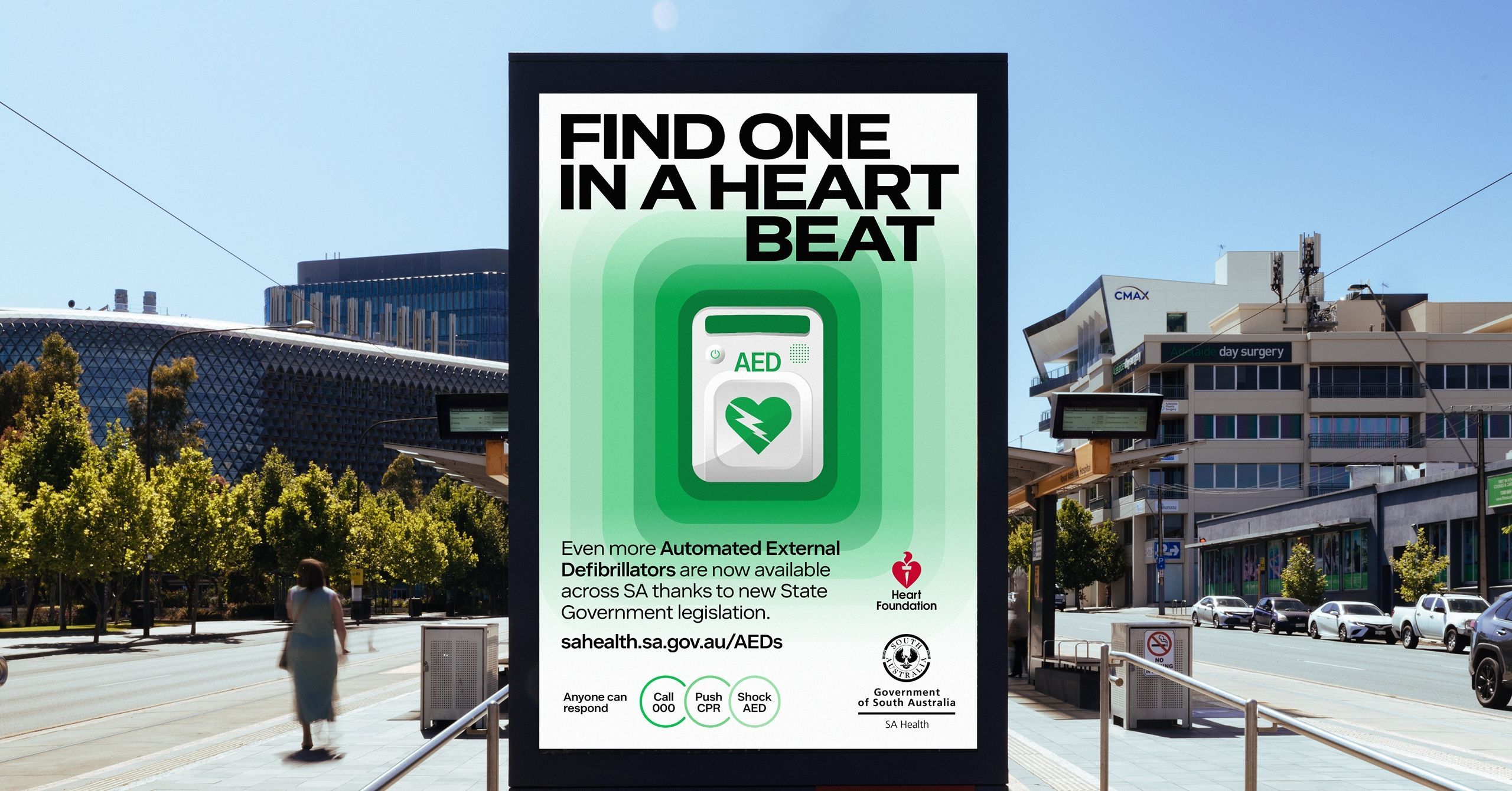 “Find One in a Heartbeat” campaign displayed on outdoor street advertising.