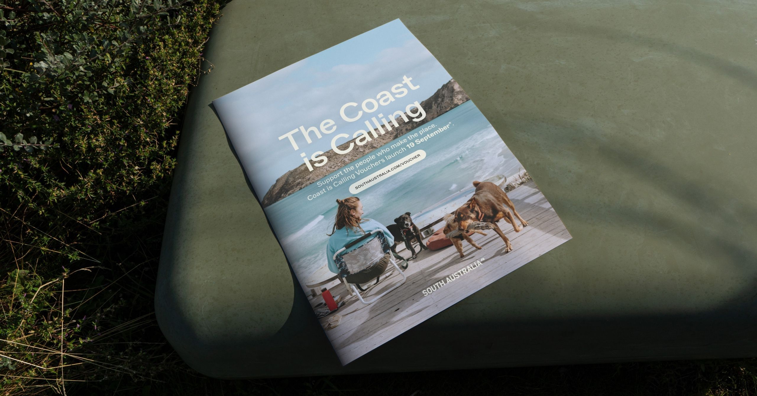“The Coast is Calling” campaign publication featuring South Australian coastal travel imagery.