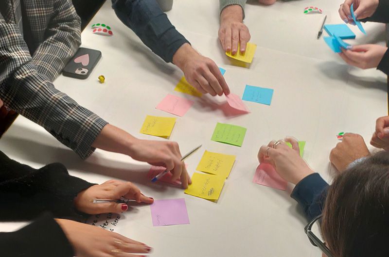 Workshop participants sticking down coloured post-it notes
