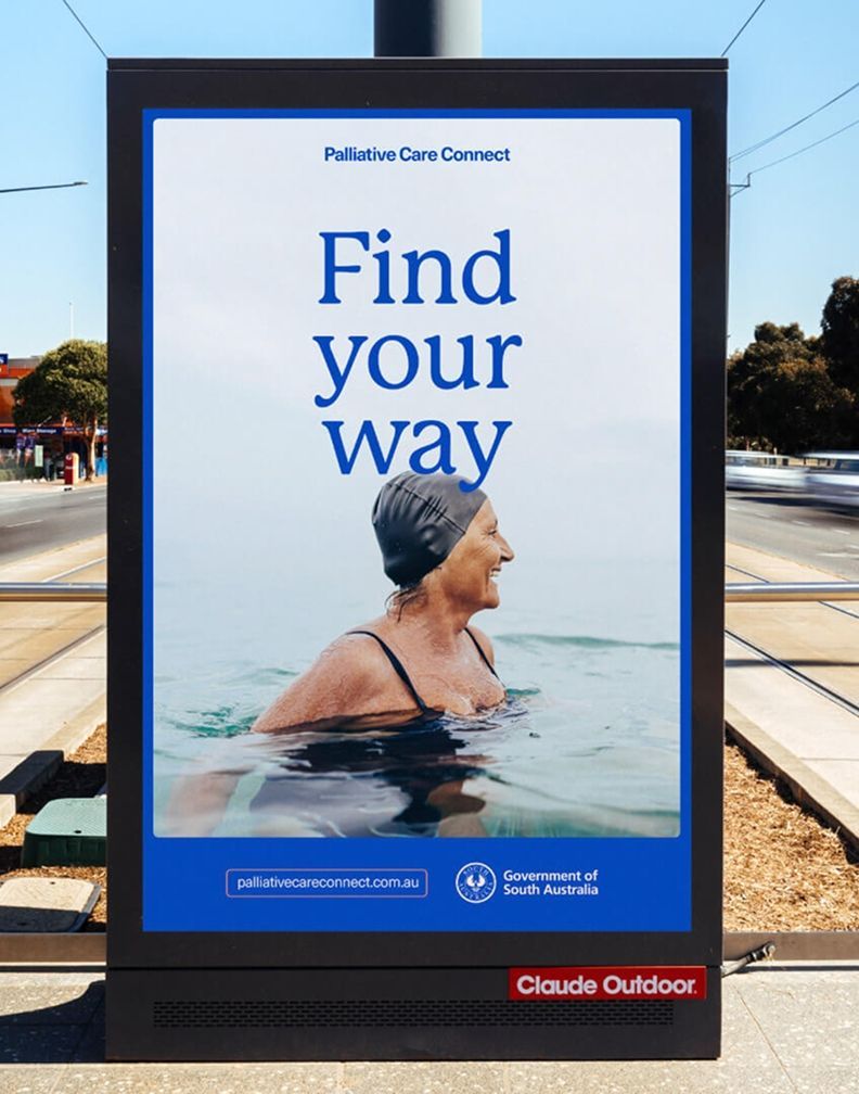 Portrait-format Palliative Care Connect “Find your way” campaign displayed on outdoor street advertising.
