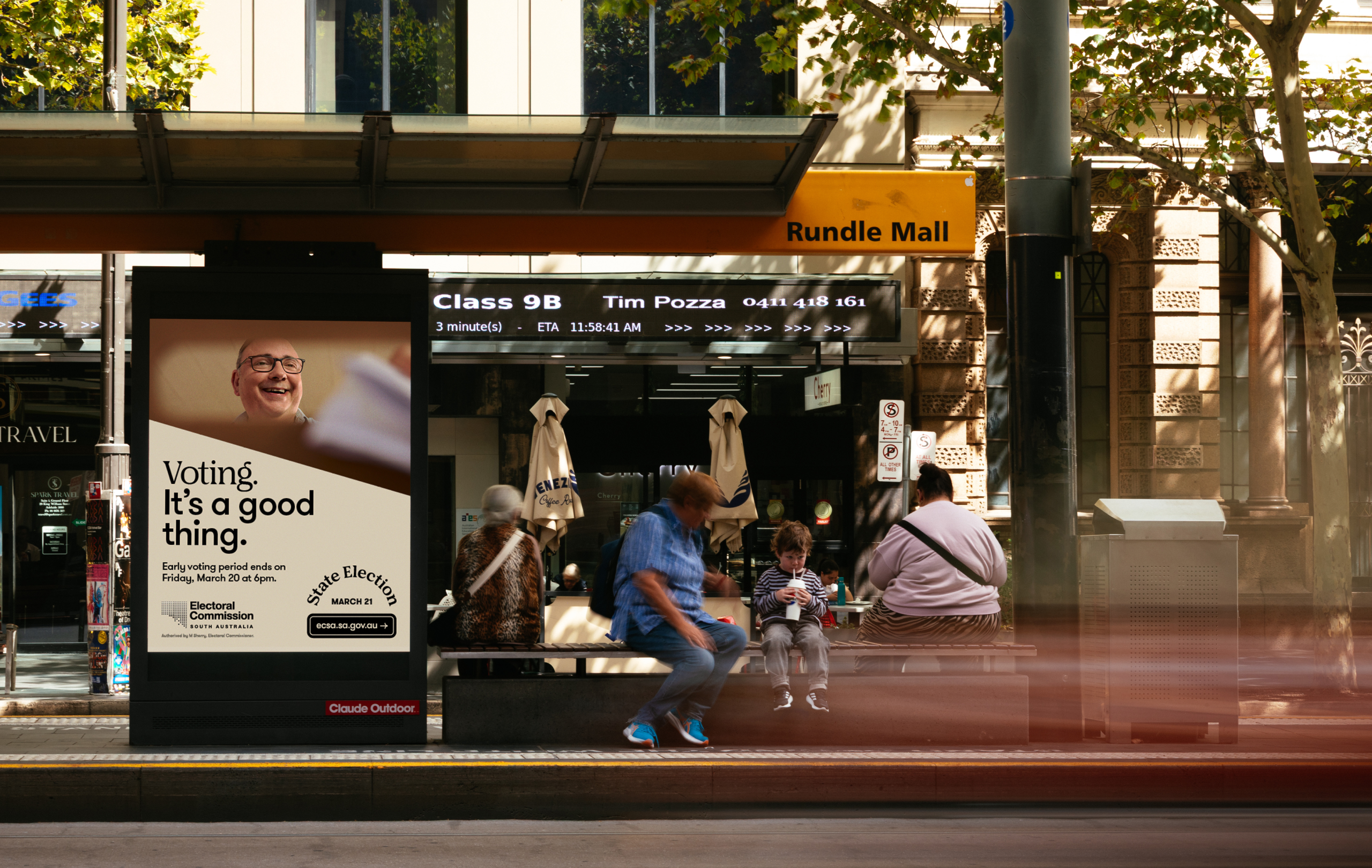 Voting it's a good thing campaign at a tram stop