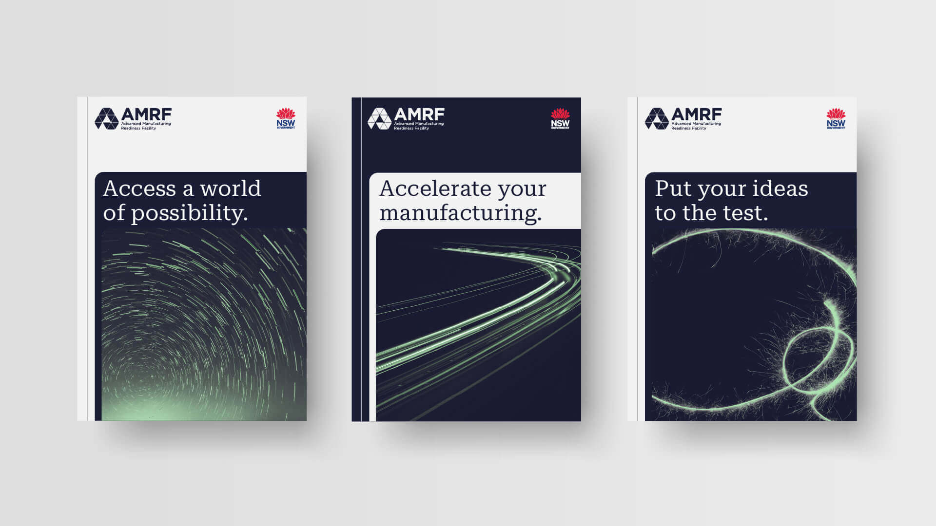 Series of AMRF campaign posters featuring manufacturing-focused messaging and green motion graphics.