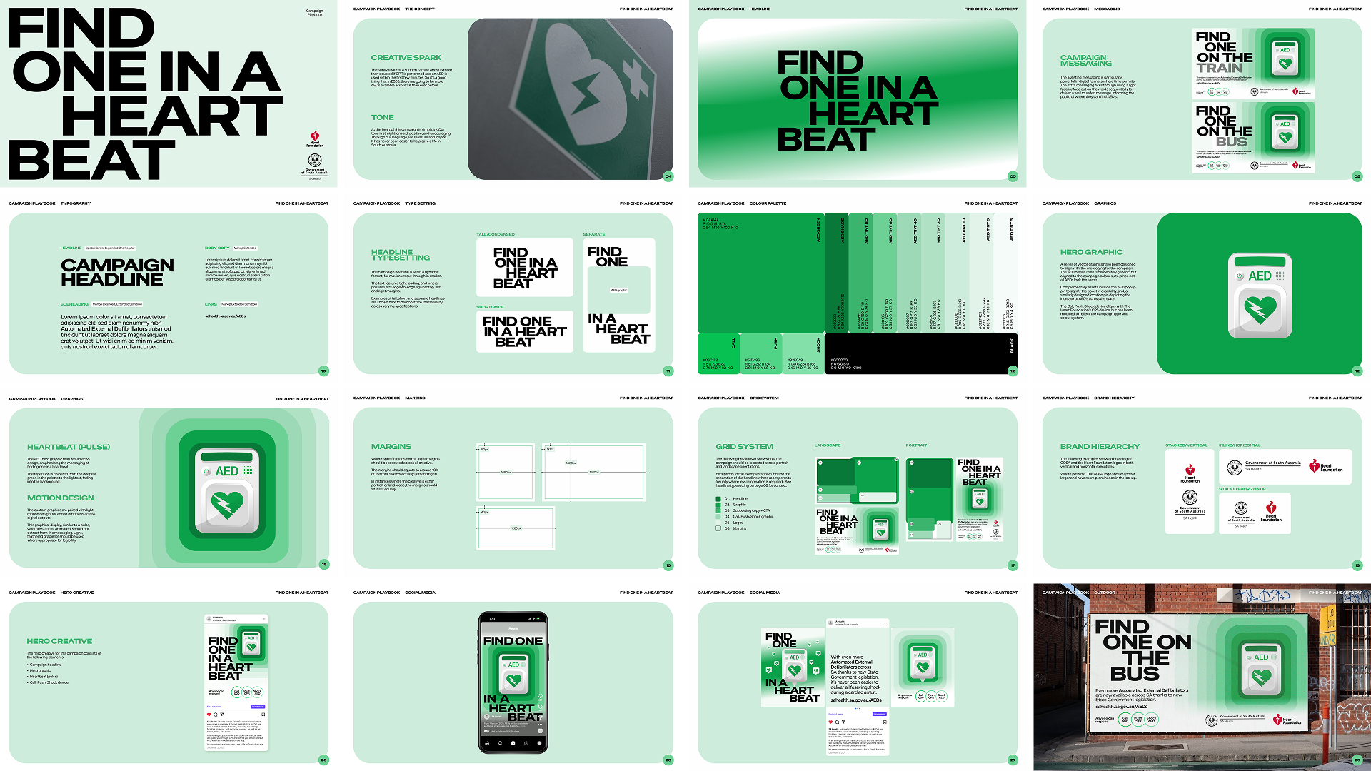 “Find One in a Heartbeat” campaign brand guidelines featuring the green visual identity and campaign assets.