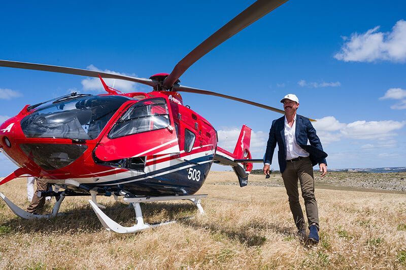 Helicopter arrival at The Cliffs Kangaroo Island launch event.
