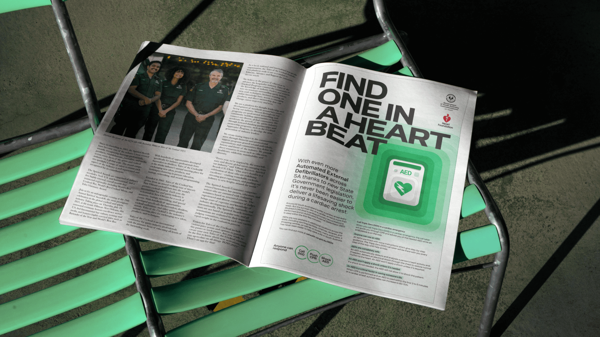 “Find One in a Heartbeat” campaign publication featuring automated external defibrillator awareness messaging.