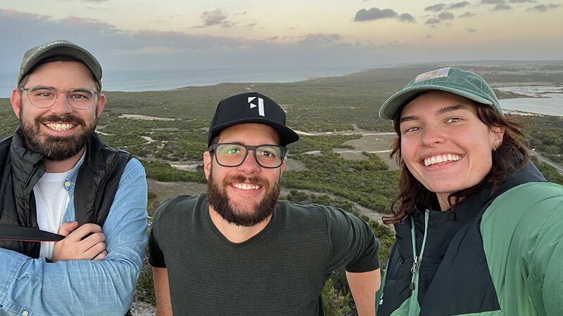 Fuller crew members taking a selfie during the Kangaroo Island campaign shoot.