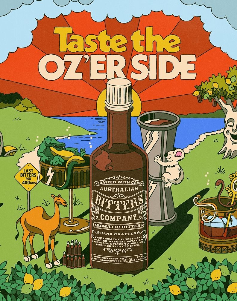 Illustration for Taste the Oz'er side, showing Bitters bottle and Australian animals surrounding it