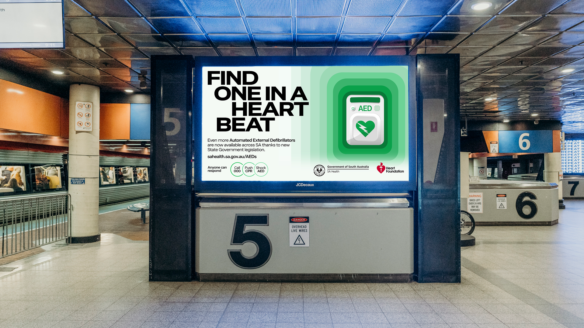 “Find One in a Heartbeat” campaign displayed in a public transport setting.