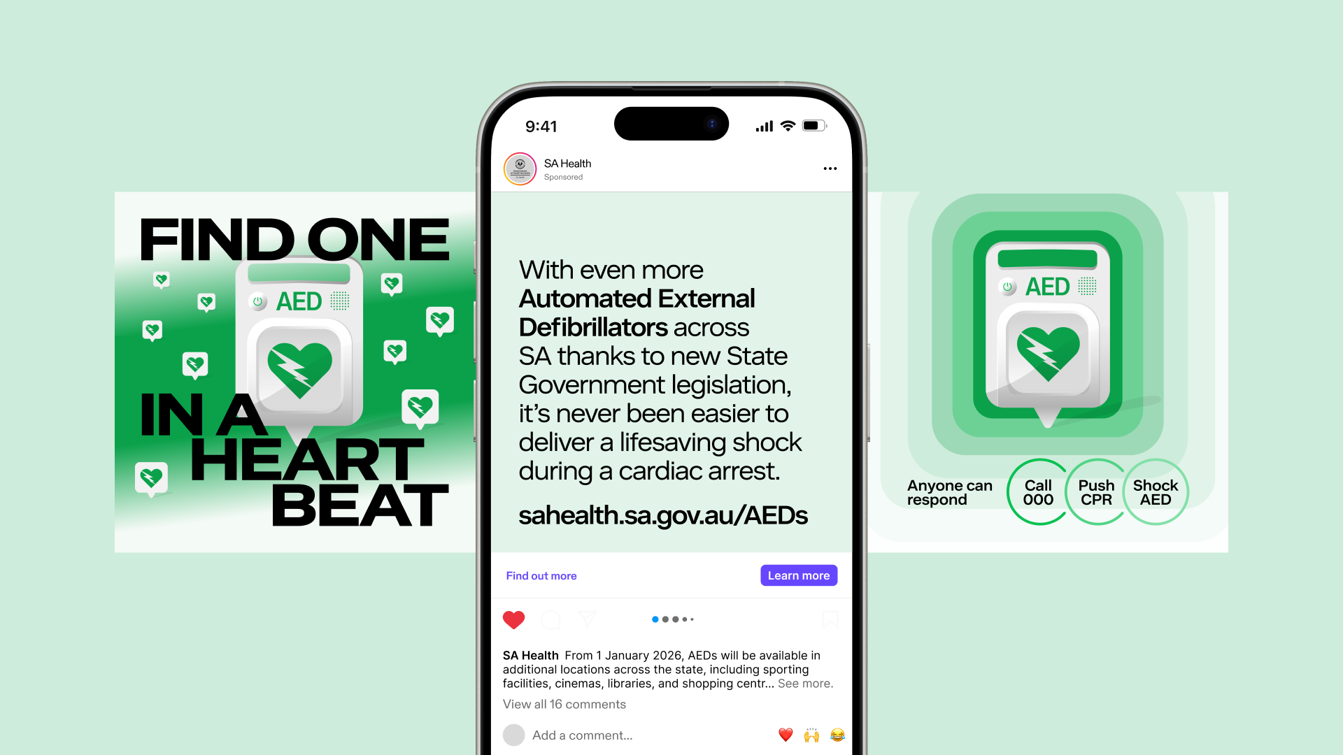 “Find One in a Heartbeat” digital campaign creative promoting automated external defibrillator access.