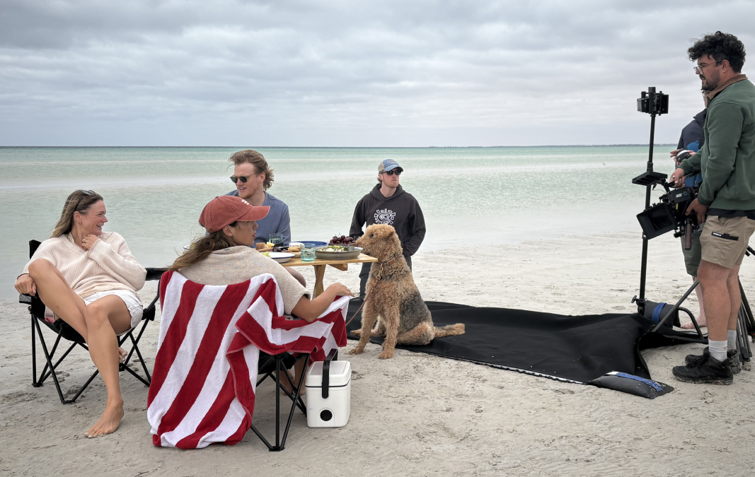 People and a labradoodle dog enjoying a beachside meal on the South Australian coast being filmed by the Fuller crew