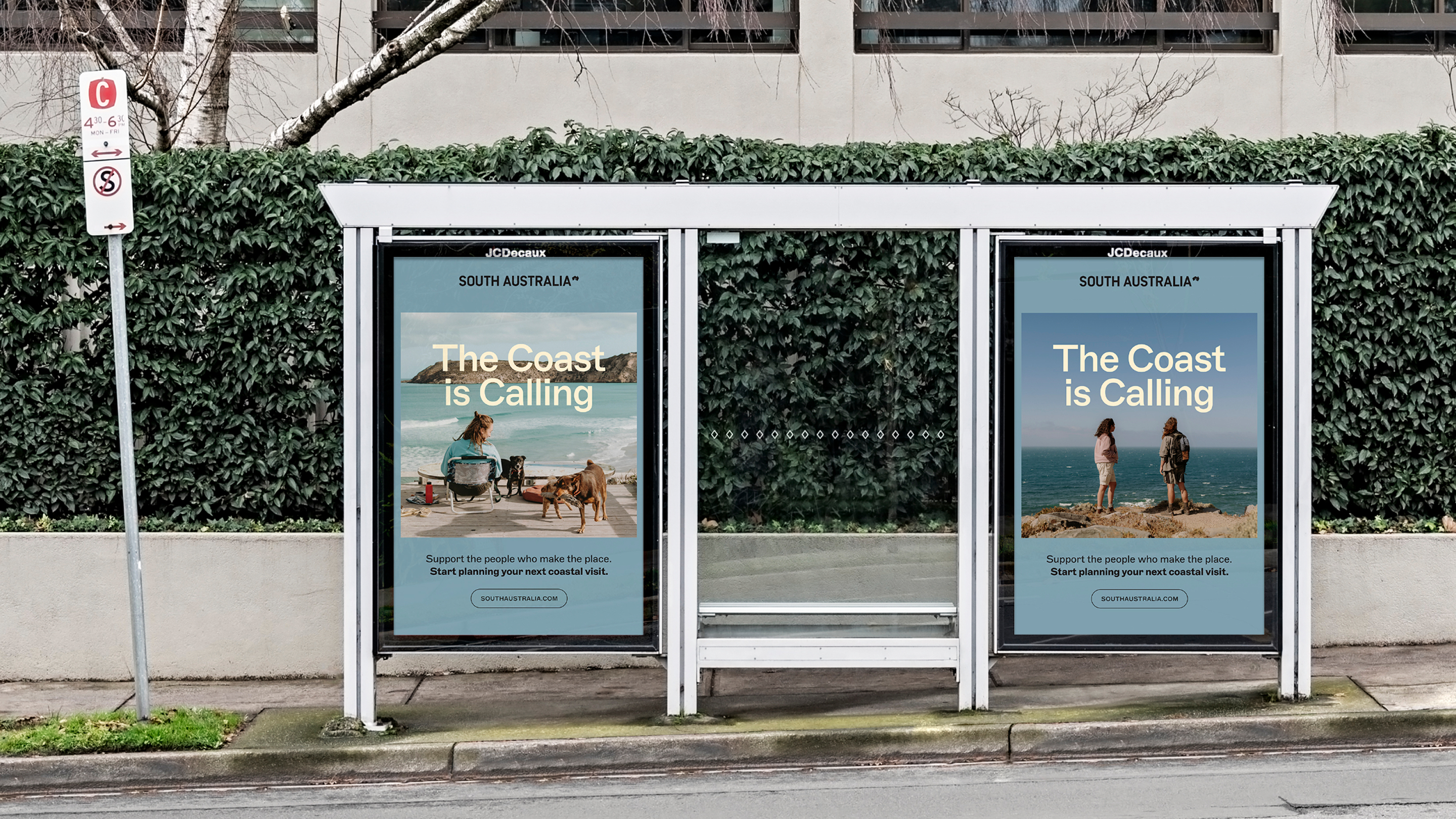 “The Coast is Calling” campaign displayed on outdoor bus shelter advertising.