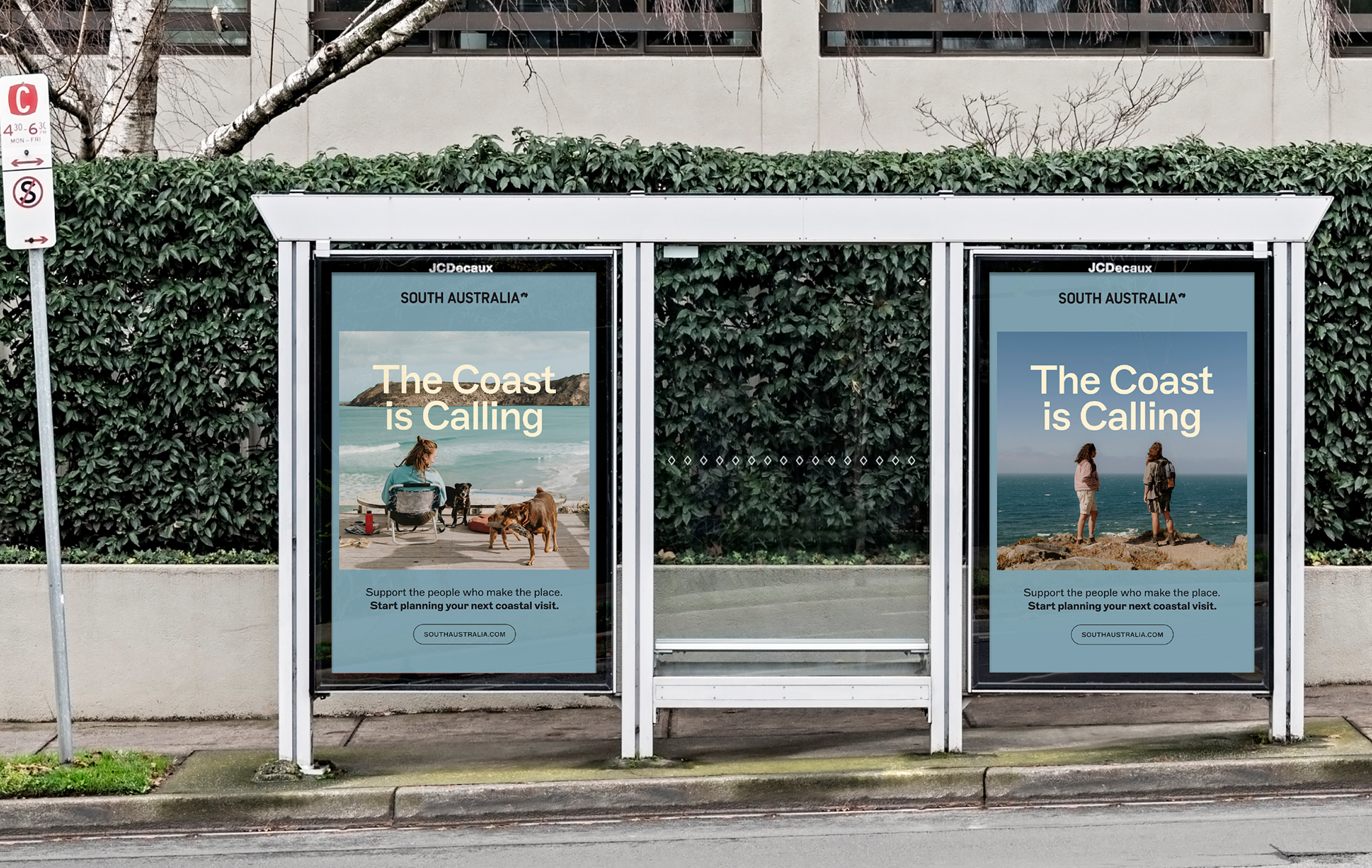 “The Coast is Calling” campaign displayed on outdoor bus shelter advertising.
