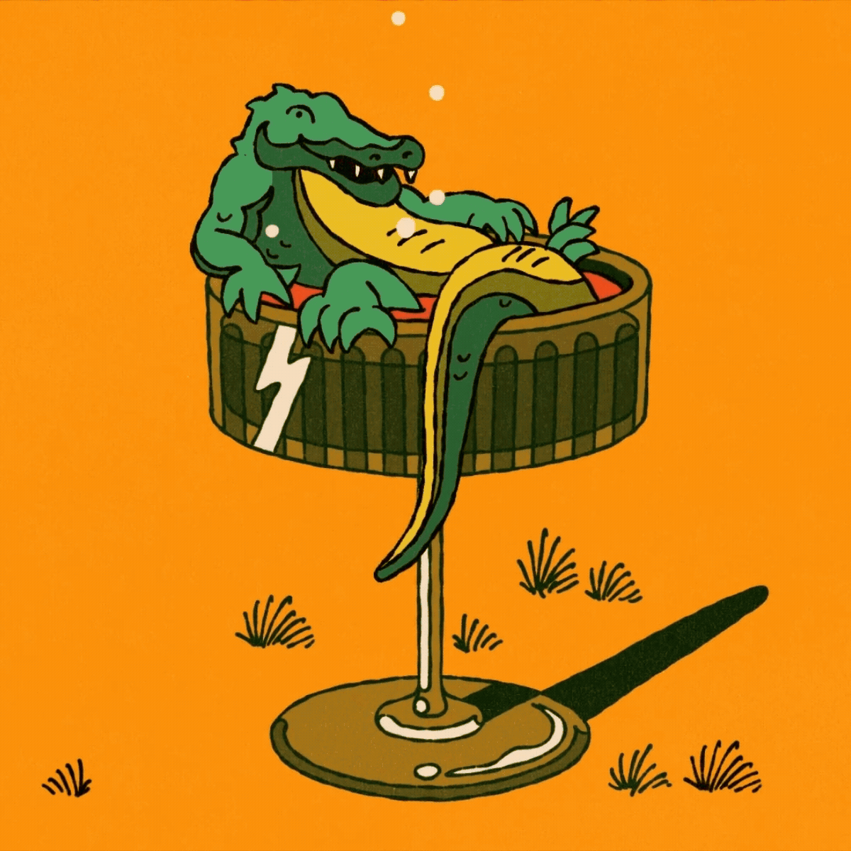 Illustration of a crocodile lying inside a cocktail glass
